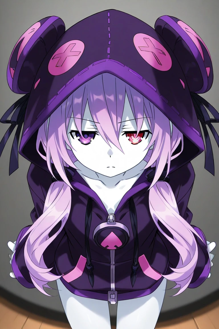 ((glitchproductions, workerdrone, best quality, masterpiece, ultra-detailed, absuredres)), lighting, volumetric lighting, semi-realistic, ((solo:1.4, closeup)), 1girl, ((uzidrone, black hoodie)), glowing eyes, purple hair, purple eyes, hoodie, closed mouth, (frown, from above), looking at viewer, upper body, closeup, robot, hands, android, robot joints, looking up, beanie, hat, white background, simple background <lora:MurderdronesLora:1.4>