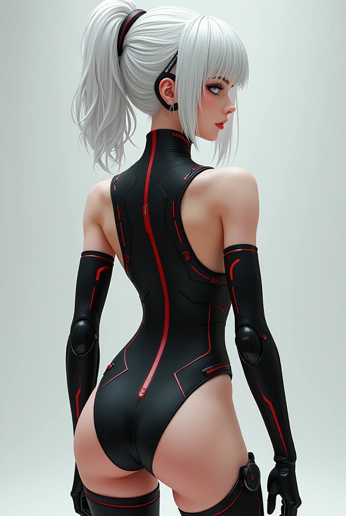 (masterpiece, best quality)), ((((perfect anatomy)))), Caucasian android woman with short silver hair, ((elaborate black dress)) (((white high cut leotard))), big butt, black eye-band, white and black gloves, digital black pattern background, (((realistic 3d animated movie art style)))