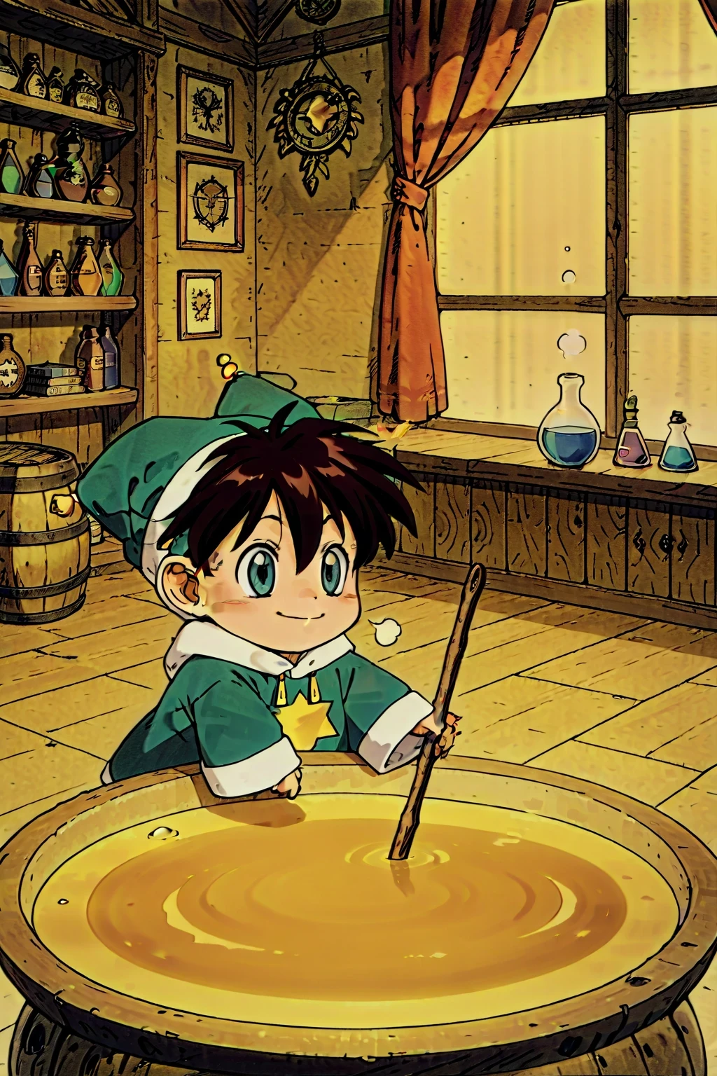 masterpiece,highest quality,Super detailed,32K,High resolution,an extremely delicate and beautiful,Official Art,Perfect Anatomy,(solo:1.5), Contrasting colors,octane rendering,Fully painted,anime coloring,anime screencap,Cel-shaded anime,retro artstyle,1990s \(style\),90s anime,90s anime style, perfect face,ultradeTailed eyes,beautiful,sexy,supermodel,athletic body,shiny skin,Dramatic light,(scale to fit the dimensions:1.2), yousei\(Atelier\),eyebrows visible through hair,green coat,green headwear,green shirt,hair between eyes,jester cap,jewelry,long sleeves,((chibi anime:1.52)), ((stirring:1.25)),face_focus,fantasy,indoor,test tube,flask,smoke,window_,scenery,laboratory equipment,alchemy,barrel,profile,looking ahead,sigh,