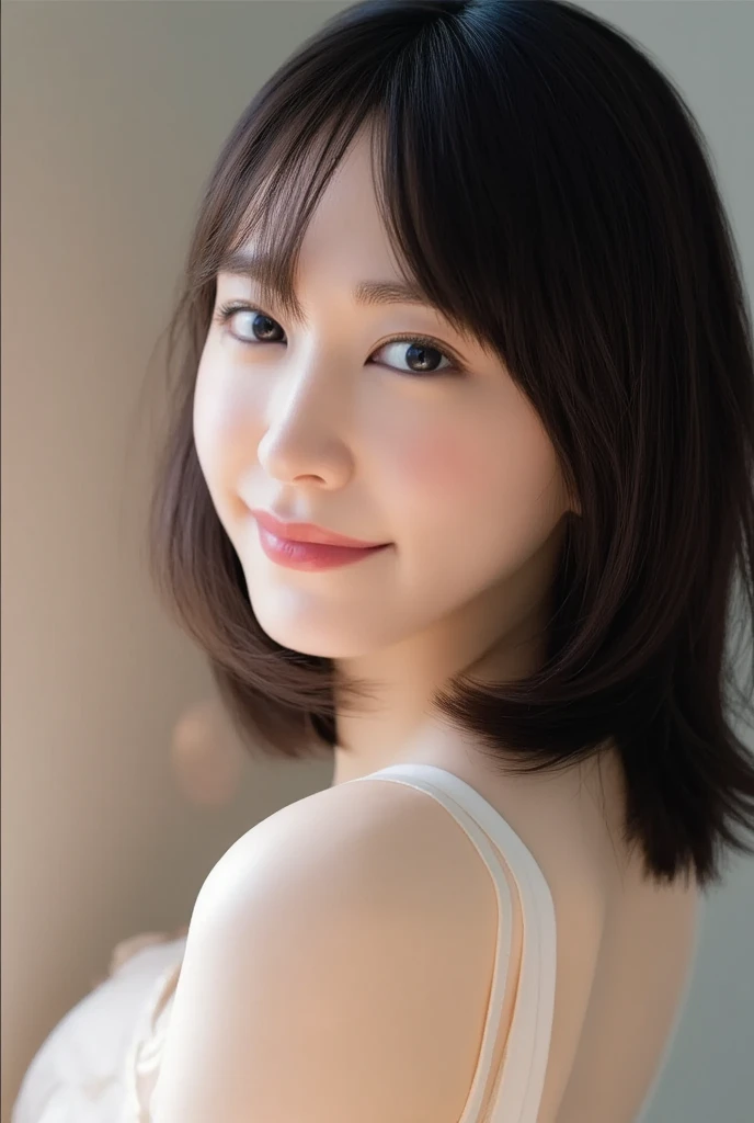 highest quality、8k Masterpiece、superA high resolution、(Photorealistic:1.3)、RAW Photos、1 girl、Black Hair、extremely detailed Glowing Skin、50 years old、Portrait、Global Illumination、Shadow、Octane Rendering、8k、Super sharp、Beautiful breastetal、Cold colors、Very intricate detailuch Light、CGSoation Trend、extremely detailed Beautiful Eyes、Shining Eyes、To the camera、Neon Details、extremely detailed Clear skin、long hair、smile、Featured on cosmetics website、Elegance、Photo Studio、short hair、naked、more lighting, photo painting, Picture-perfect, white skin