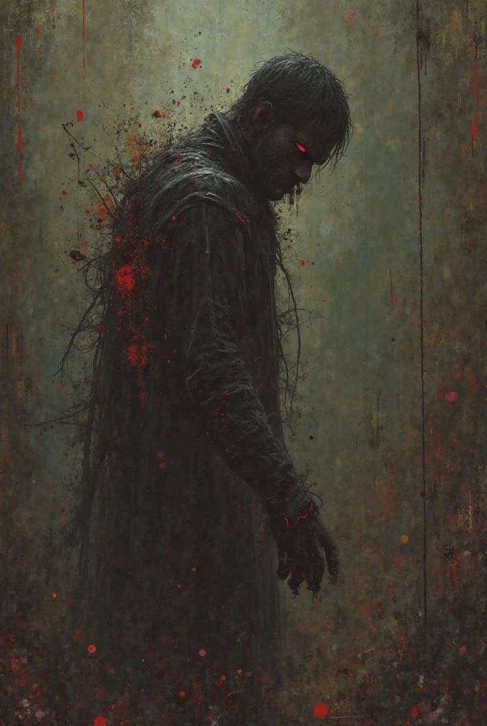 A twisted figure illuminated by a faint light in a dark room, with a human silhouette and strange transformations. A gloomy atmosphere permeates the surroundings, and the dripping bloodstains on the walls add a touch of horror, ,in the style of the stars art group xing xing, 32k, best quality, masterpiece, super detail, high details