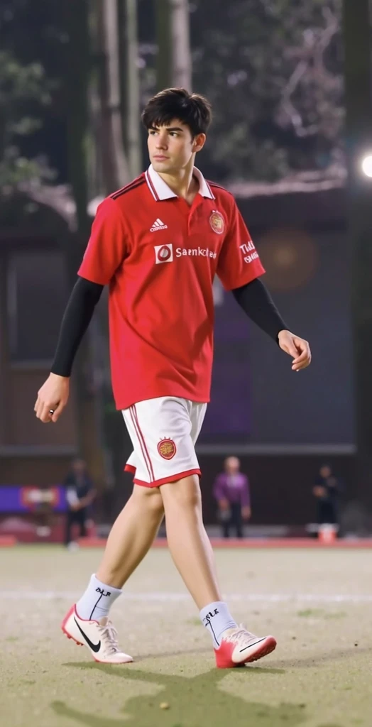 ((on a soccer field)), ClarkEckhart is a soccer player, slight smile, wearing red soccer uniform, white shorts, red socks, (shin guards), sneakers, soccer ball, (((full body portrait))), wide angle <lora:ClarkEckhart:0.8>