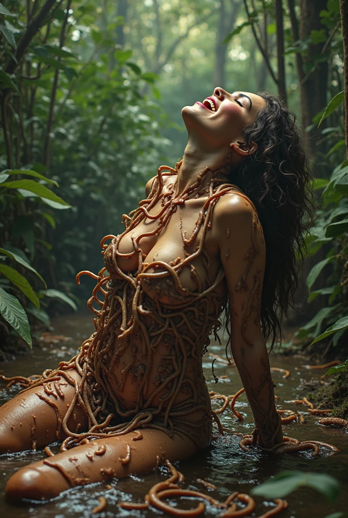 (a beautiful helpless girl with slimy snake-like tentacles coiling around her body, a lot of tentacles crawling over her skin, tentacles penetrating her ,Tentacles surrounding the body, lay down to the ground, wet pussy, wet skin, sexual pleasure, sexual extasy),full body wide shot, (best quality, highres, ultra-detailed, photorealistic:1.37),(illustration, dark fantasy),(vivid colors, ethereal glow),(eerie lighting, shadows and highlights),Extremely Realistic