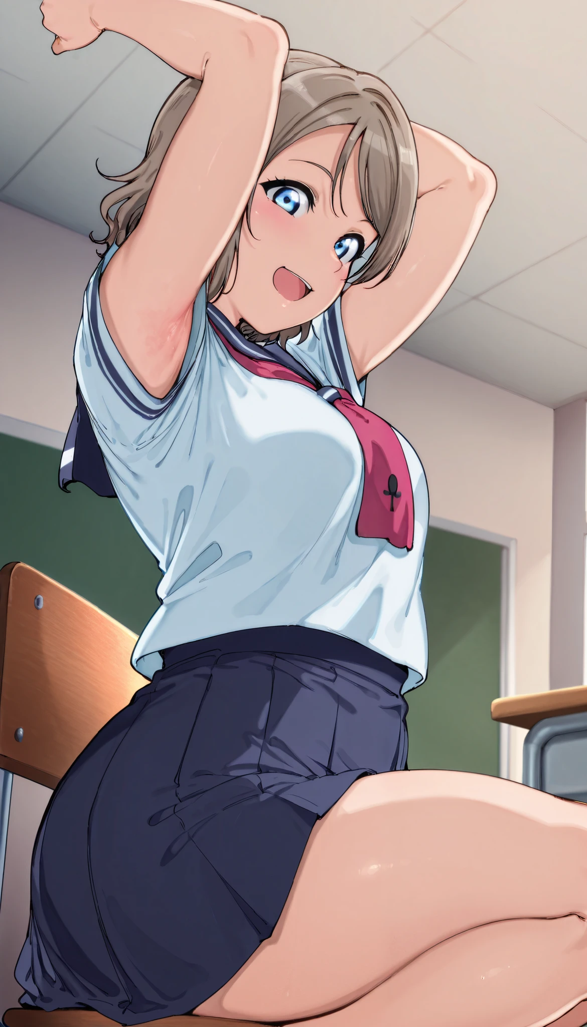 you watanabe, short hair, school uniform, serafuku,
,BREAK, armpit, arms over head, focus on armpit,
smile, ,scorn,open mouth, (cheerful),looking down at viewer,\(red blush\), embarrassed,
BREAK,Alp,
,sitting,looking down at viewer,Squatting,
from side,show armpit from short sleeves,
((masutepiece,hight resolution)), masutepiece, Best Quality, , absurderes, Perfect Skin, Detailed skin texture, ultra-detailliert, 8K, Intricate details, beautifull detailed face,hight resolution, 1girl ,from front,
indoors,class room