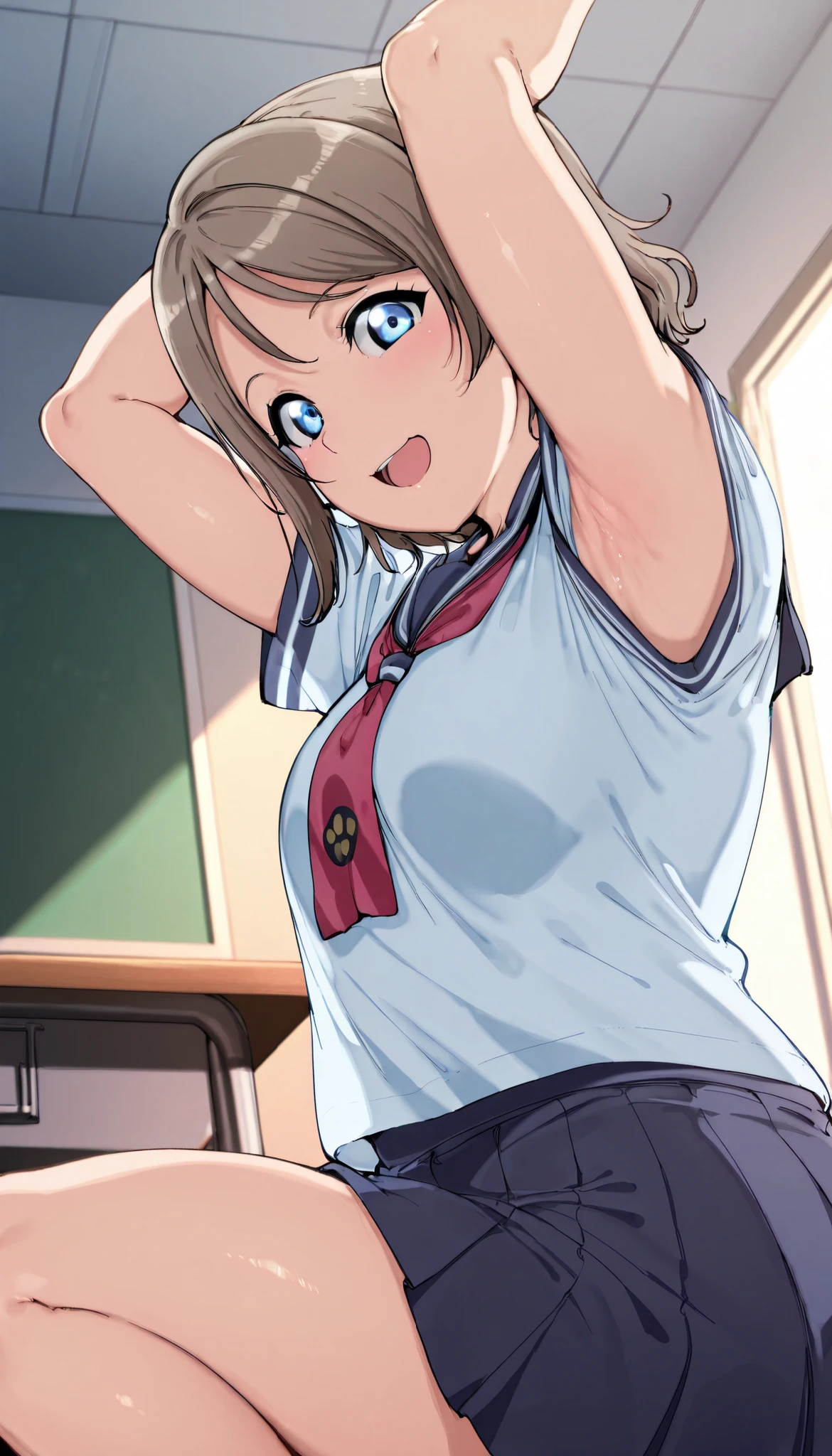 you watanabe, short hair, school uniform, serafuku,
,BREAK, armpit, arms over head, focus on armpit,
smile, ,scorn,open mouth, (cheerful),looking down at viewer,\(red blush\), embarrassed,
BREAK,Alp,
,sitting,looking down at viewer,Squatting,
from side,show armpit from short sleeves,
((masutepiece,hight resolution)), masutepiece, Best Quality, , absurderes, Perfect Skin, Detailed skin texture, ultra-detailliert, 8K, Intricate details, beautifull detailed face,hight resolution, 1girl ,from front,
indoors,class room