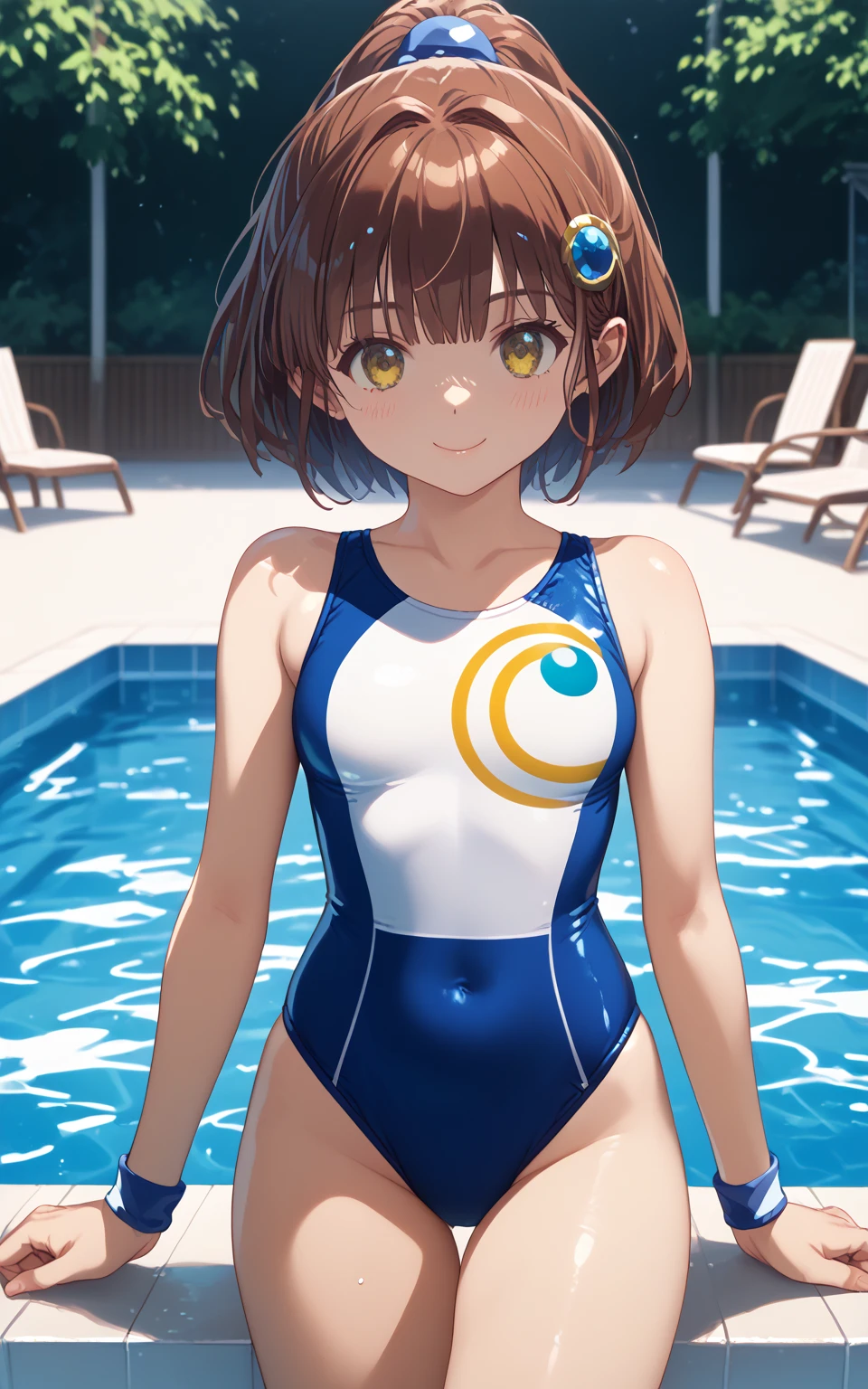 Absurdres, master piece, best high quality image, Science fiction genre, carefully detailed artwork, carefully detailed image, no deformity, solo alone character, full body view
{{(1character: 14 years old brown haired human girl, (beautiful blue eyes, fair skin, absolutely beautiful, brown hair tied in short ponytail with green ribbon, nice short teenage body, comedic personality, happy smile, standing firmly pose), (white one-piece simple swimsuit), (school pool))}}