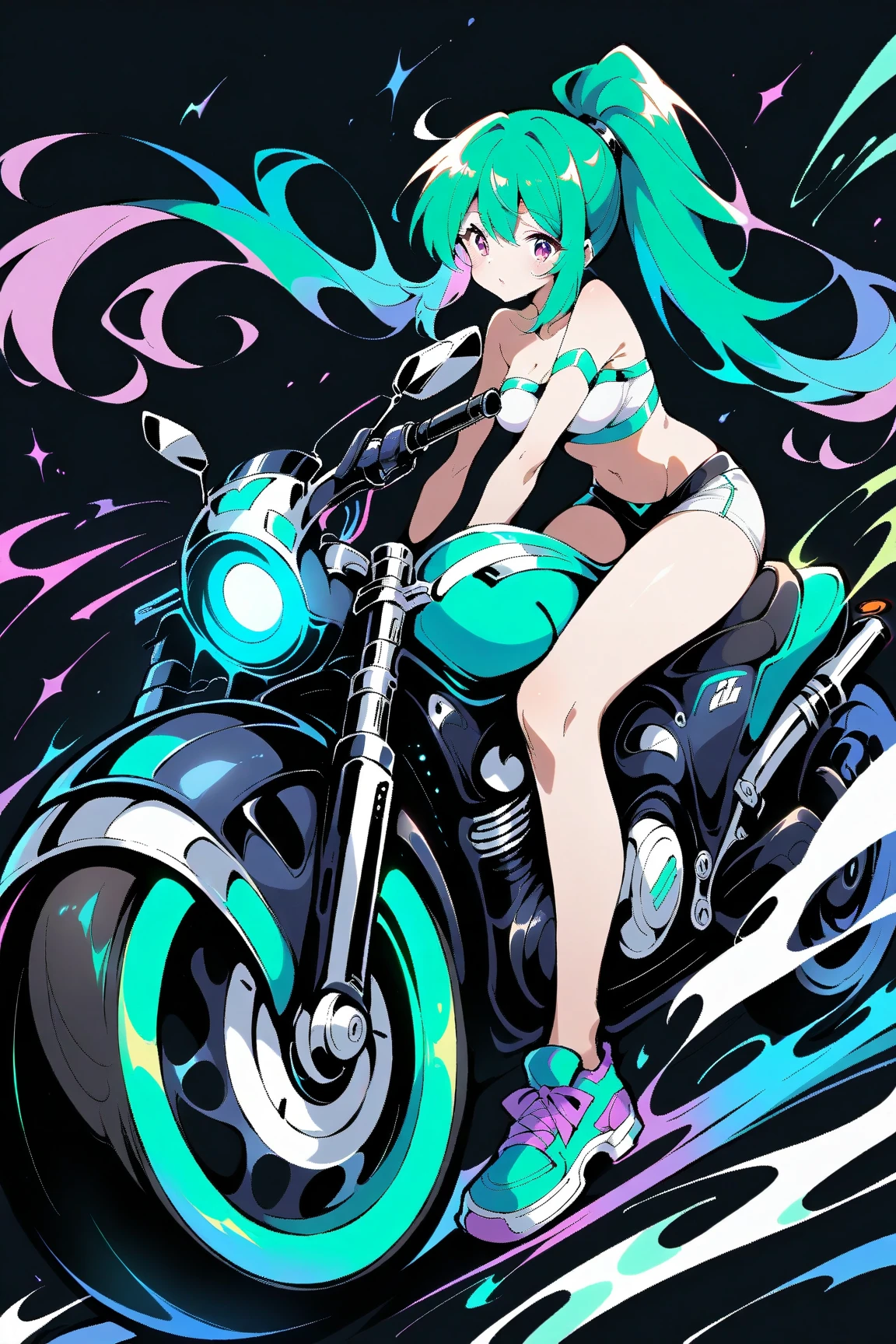 Highest quality,Twin tails, Light blue hair, blue eyes, Large Breasts,Checkered Bikini, Racing motorcycle,lime green motorcycle,motionless,from side,