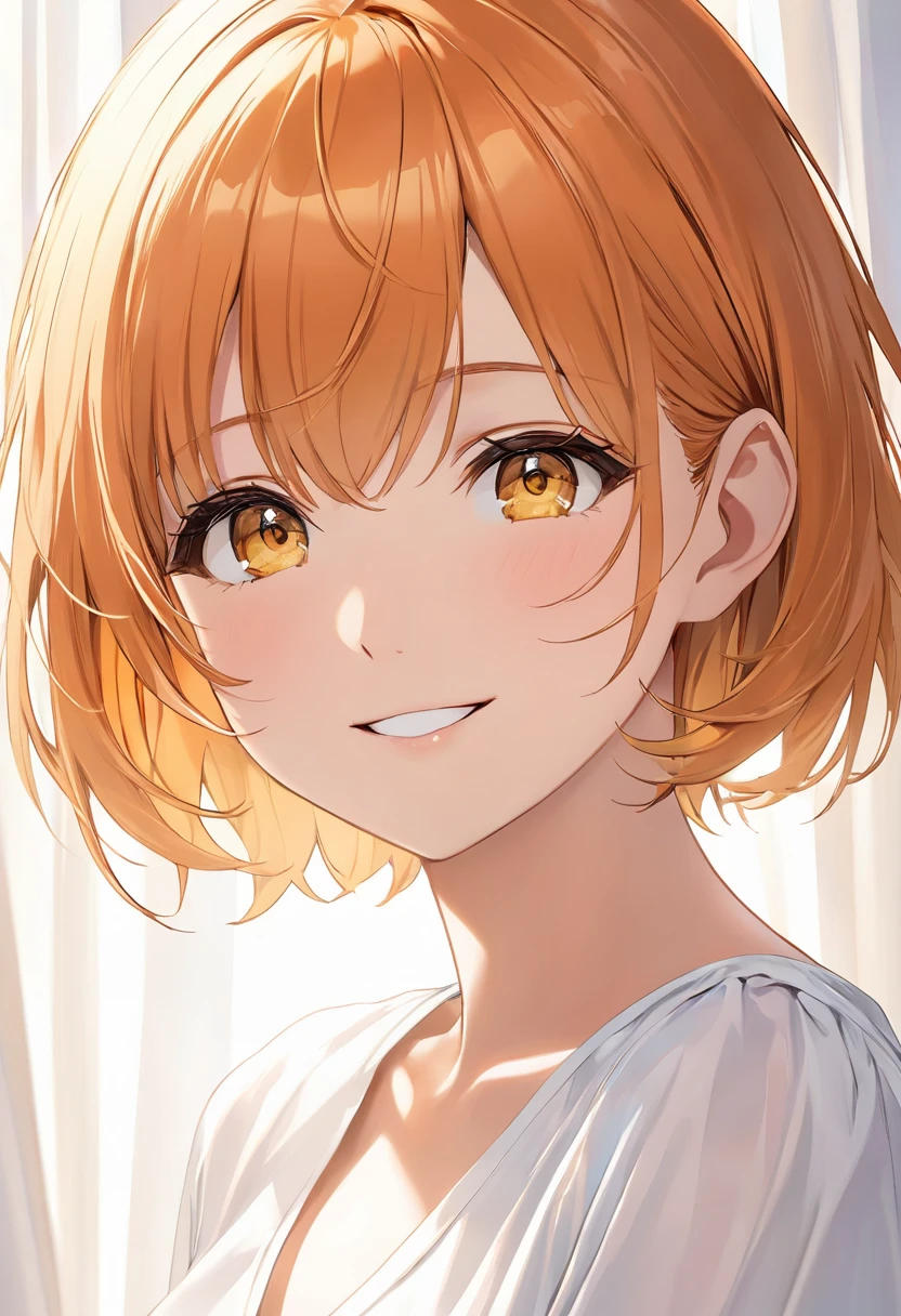 Adult Female, short orange hair and yellow eyes、 face up、Fearless Smile、face close-up、Low-Exposure White Casual Dress、Daytime Curtain Background