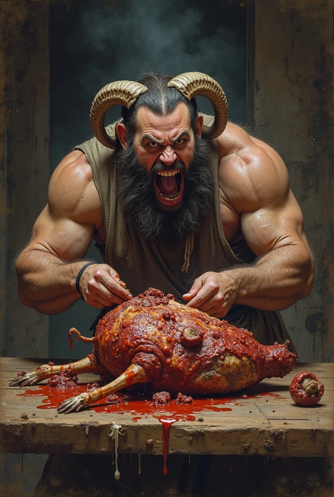 art handsome naked man with beard athletic eats raw meat red blood black background candles