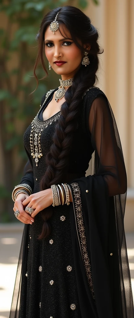most beautiful Tamil girl nude realistic natural body natural long hair realistic environment original human anatomy perfect body shape Very long thick braid hair style 