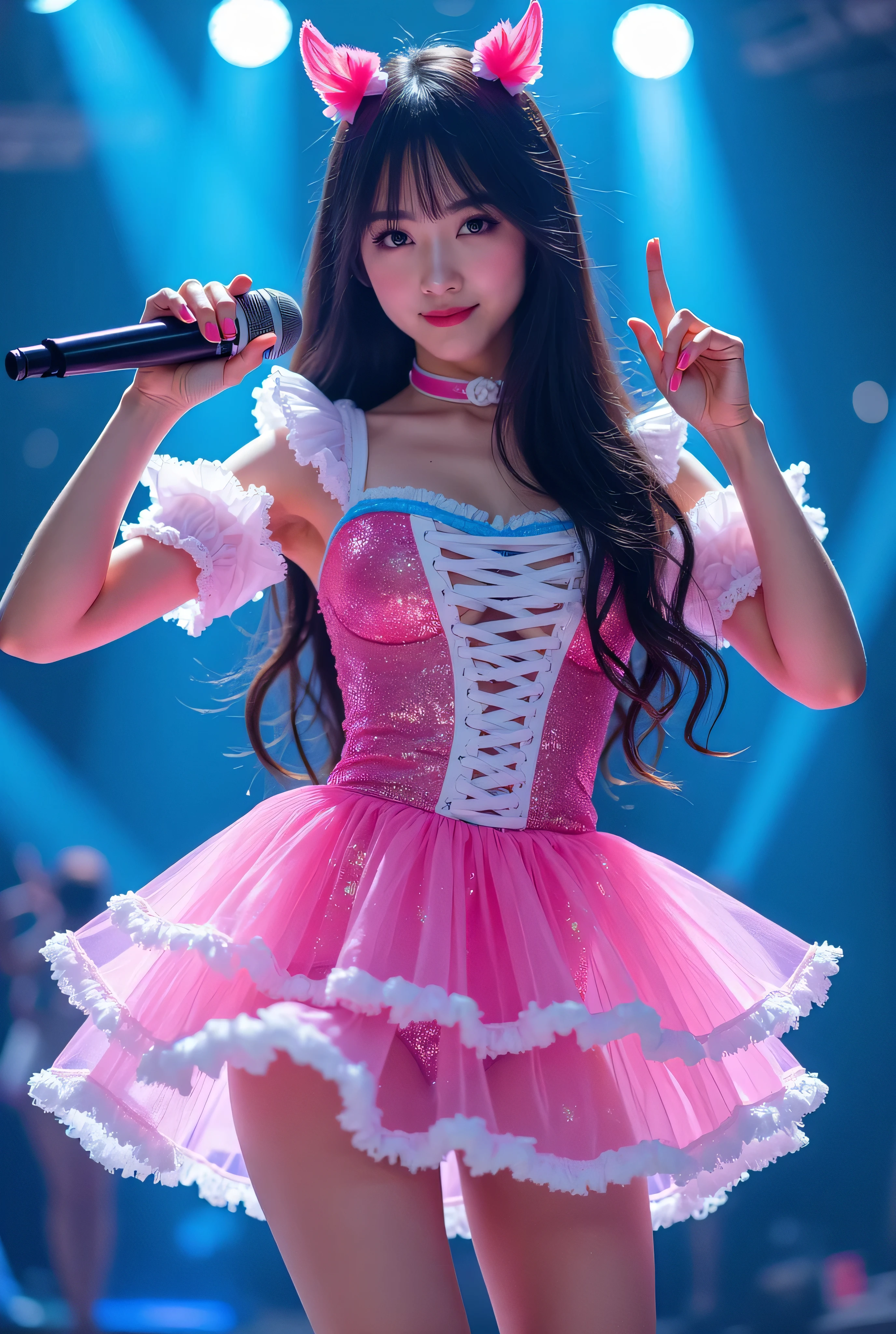 Create a highly detailed, realistic image of a young woman with long, dark hair styled with two small pink bows on either side. She is wearing a vibrant and transparent shinning glossy pink short dress that has a layered, frilly design with white ruffled edges on the sleeves and neckline. The dress has intricate lace-up details on the front, with white ribbons crisscrossing over the bodice. A large, white bow is tied around her waist, and the skirt is layered with multiple ruffles, alternating between white and pink frills. The upper part of the dress has a mix of white and blue accents, especially around the shoulders, giving it a lively, idol-like appearance. The girl’s expression is cheerful and playful, with a radiant smile, captured both in performance and posing with a slightly pensive look. Ensure that her outfit appears shiny and glossy, reflecting stage lights, and incorporate a vivid, performance-like atmosphere in the background. Some Lights shooting around, she hold microphone, head thighs portrait,