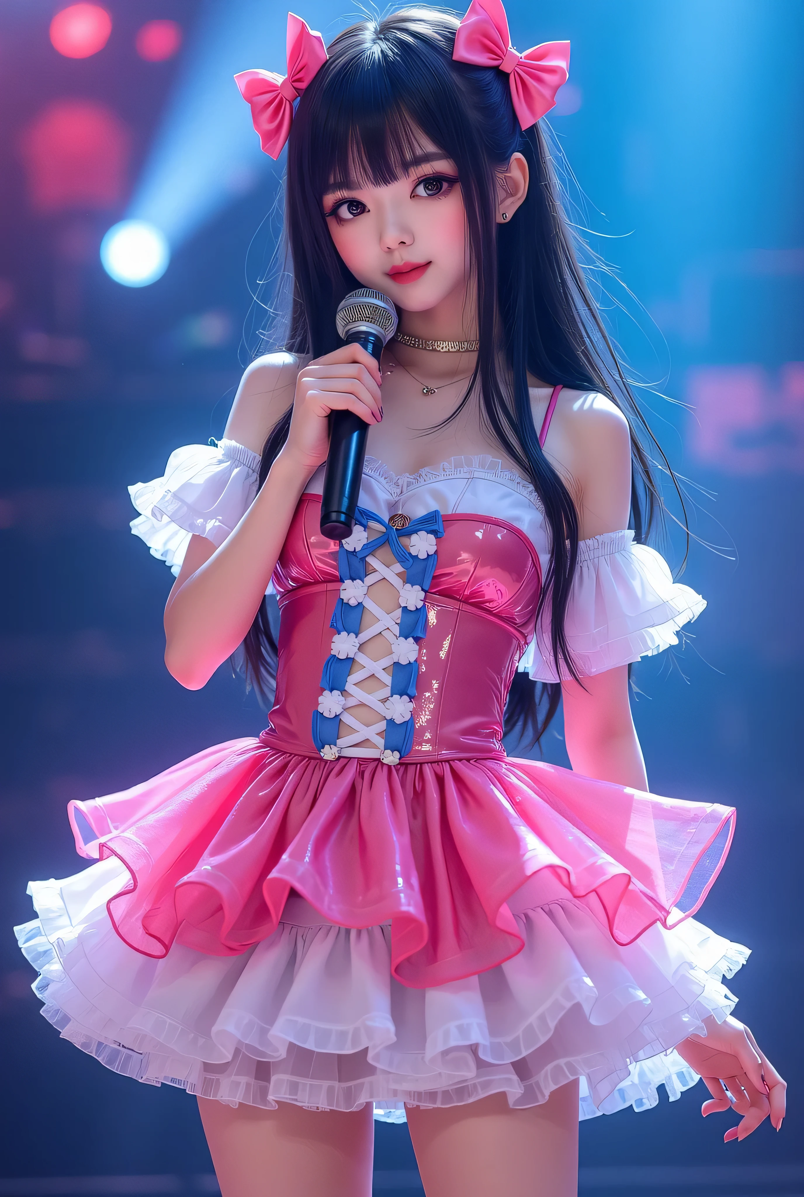 Create a highly detailed, realistic image of a young woman with long, dark hair styled with two small pink bows on either side. She is wearing a vibrant and transparent shinning glossy pink short dress that has a layered, frilly design with white ruffled edges on the sleeves and neckline. The dress has intricate lace-up details on the front, with white ribbons crisscrossing over the bodice. A large, white bow is tied around her waist, and the skirt is layered with multiple ruffles, alternating between white and pink frills. The upper part of the dress has a mix of white and blue accents, especially around the shoulders, giving it a lively, idol-like appearance. The girl’s expression is cheerful and playful, with a radiant smile, captured both in performance and posing with a slightly pensive look. Ensure that her outfit appears shiny and glossy, reflecting stage lights, and incorporate a vivid, performance-like atmosphere in the background. Some Lights shooting around, she hold microphone, head thighs portrait,
