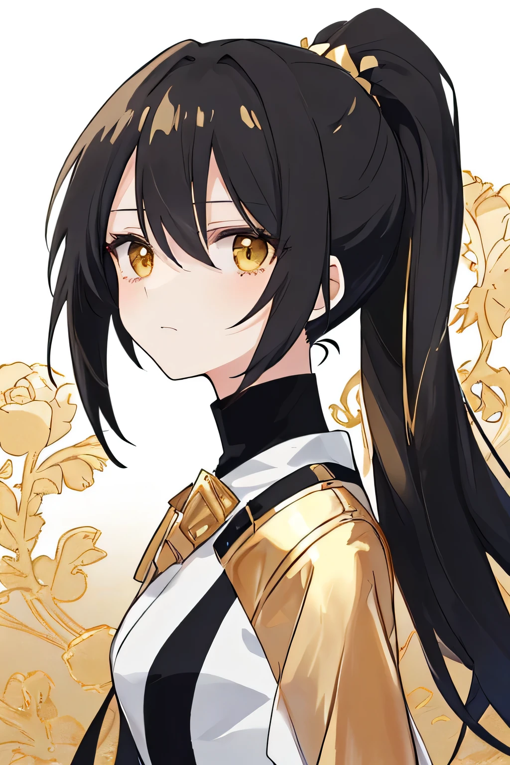 clean anime outlines, highly detailed anime-style illustration of a young woman with long black hair accented with golden streaks, tied back in a simple yet elegant low ponytail. Her bangs naturally frame her face, giving her a cool and confident aura. She has sharp golden eyes that express intelligence and quiet strength. Her skin is smooth and flawless, enhancing her striking presence.
She wears a modern, stylish outfit in deep black and gold, minimalistic yet sophisticated. The background is simple, focusing on her intense gaze and refined expression. Subtle lighting highlights her features without being overly dramatic.
cool and composed expression, sleek and fashionable design, sharp and striking appearance, high-quality anime illustration, strong yet elegant atmosphere.