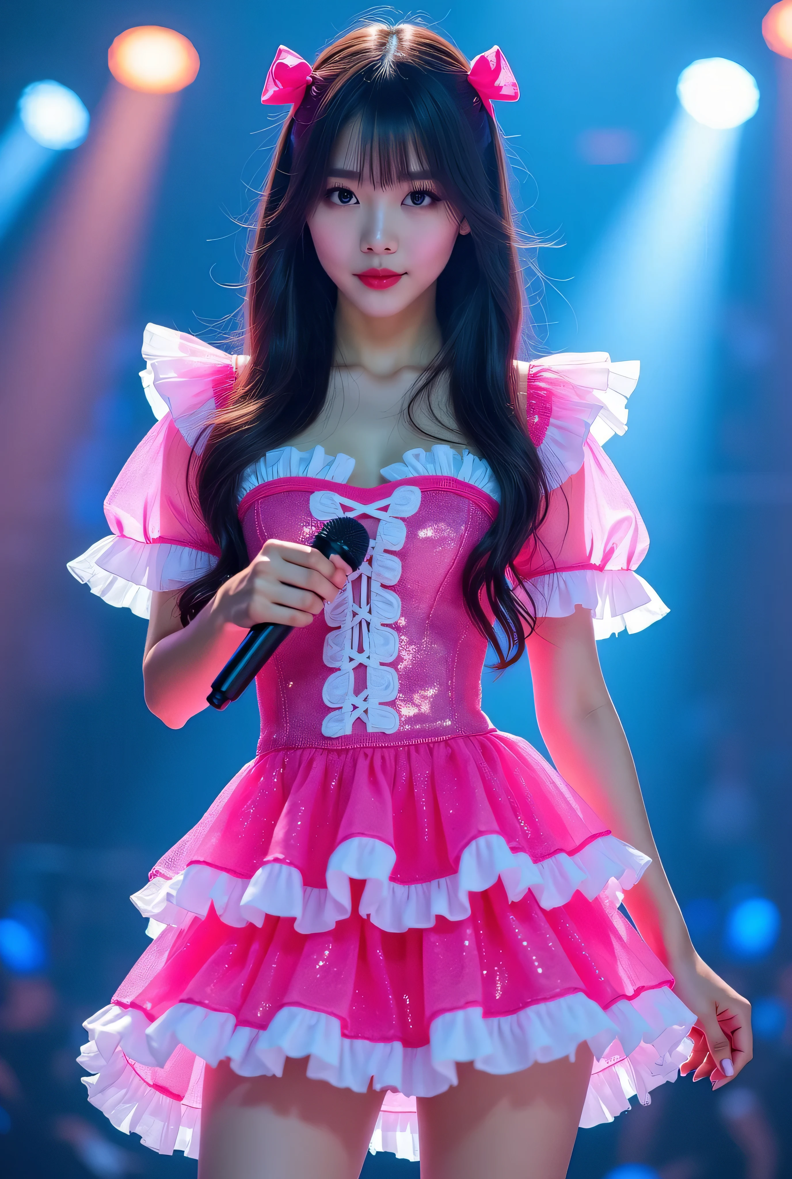 Create a highly detailed, realistic image of a young woman with long, dark hair styled with two small pink bows on either side. She is wearing a vibrant and transparent shinning glossy pink short dress that has a layered, frilly design with white ruffled edges on the sleeves and neckline. The dress has intricate lace-up details on the front, with white ribbons crisscrossing over the bodice. A large, white bow is tied around her waist, and the skirt is layered with multiple ruffles, alternating between white and pink frills. The upper part of the dress has a mix of white and blue accents, especially around the shoulders, giving it a lively, idol-like appearance. The girl’s expression is cheerful and playful, with a radiant smile, captured both in performance and posing with a slightly pensive look. Ensure that her outfit appears shiny and glossy, reflecting stage lights, and incorporate a vivid, performance-like atmosphere in the background. Some Lights shooting around, she hold microphone, head thighs portrait,
