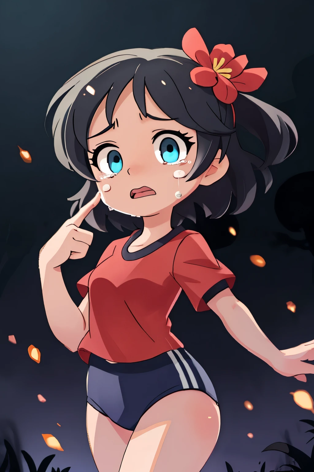 in the style of Chi no Wadachi, manga style, a girl wearing a Black gymnastics bloomers, High leg、red blouse, cowboy shot、 reaching hand, crying, distraught face, surrounded by darkness, black hair, her face scribbled out, ((wide shot)), ((centered)), ((distanced)), ((in the distance surrounded by darkness)), head tilted up, ((perfect eyes))
