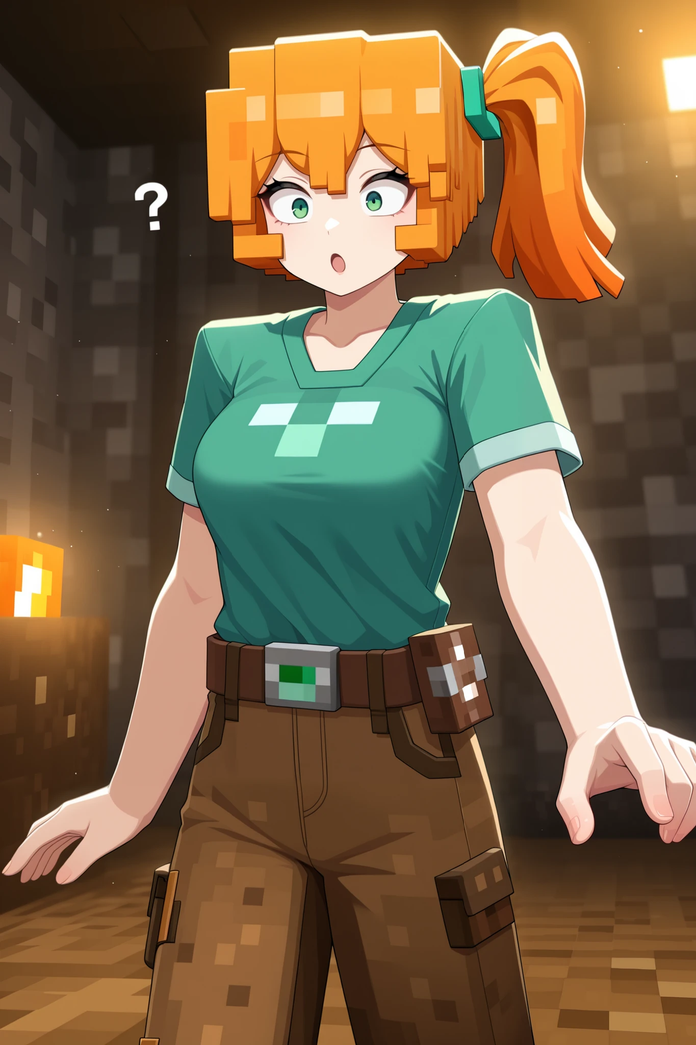 masterpiece, best quality, amazing quality, good quality, very aesthetic, newest, 1girl, woman, adult, ginger, orange hair, green eyes, confused, surprised, gasping, :o, shocked, green t-shirt, brown leather belt, motherly side plait, side-ponytail, minecraft background, bokeh, absurdres, highres, minecraft filter,