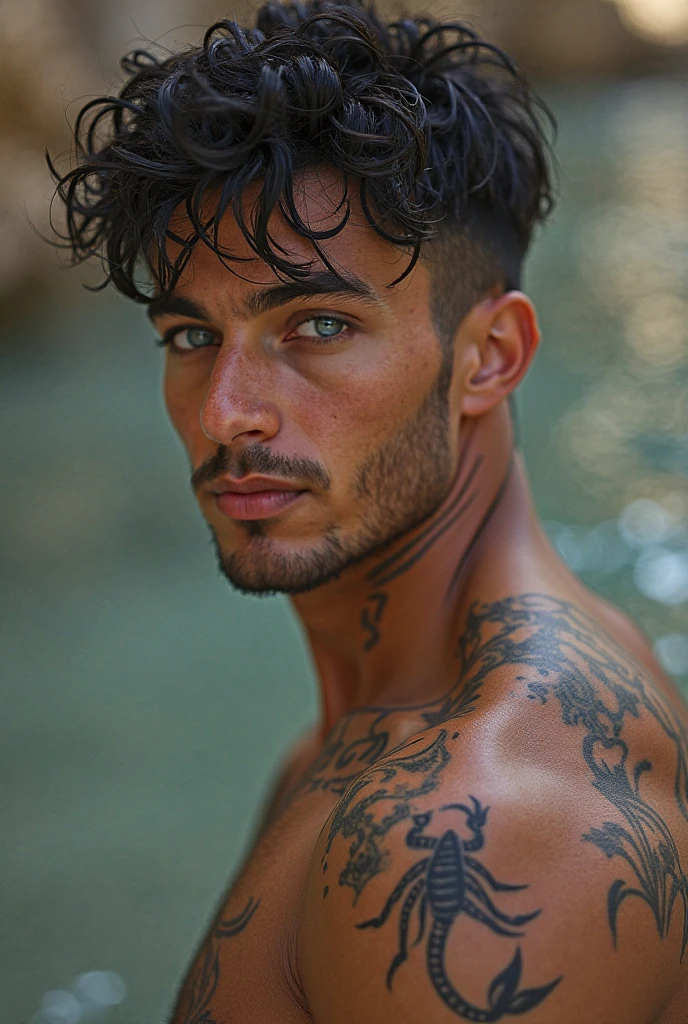 (Photorealism:1.2), Joseph : Tan, with a bronzed glow, hairs : Salt and pepper (Mix of gray and black), short and well maintained. eyes: Hazelnut a thoughtful look marked by wisdom and experience. 1m86, Tattoo on right arm.