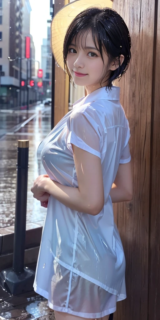 ((best quality, 8K, masterpiece: 1.3)), sharp: 1.2, perfect body beautiful: 1.4, slim abs: 1.2, ((layered hairstyle, big breasts: 1.2)), (wet White Button Long Shirt: 1.1), (rain, street: 1.2), wet: 1.5, Highly detailed facial and skin textures, delicate eyes, double eyelids, Looking at the camera sideways