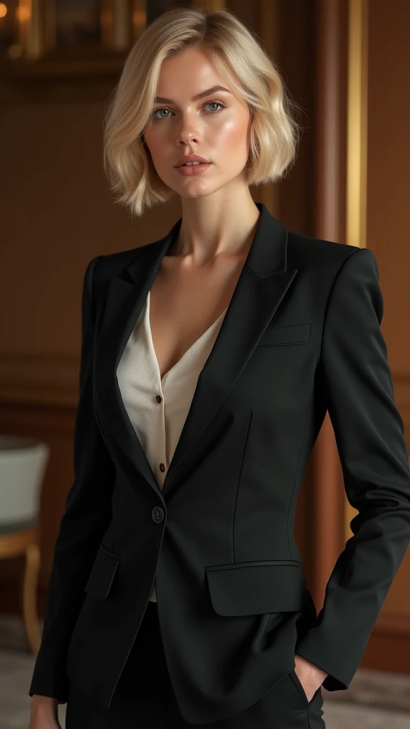 ((realistic:1.5)),((best quality)), ((masterpiece)), ((8K)), ((detailed)), (1girl), a beautiful model (full body:1.3),super-wide-angle lens, face focus, toned muscles, long legs, barefoot, slim thighs, narrow hips, green eyes, thick eyelashes, small breasts, (perfect detailed face, smile with teeth, perfect beautiful eyes, detailed clothes, black business suit, office background:1.3), (Normal skin, short straight blond hair, outlined eyes, outlined face, bracelet, Full body), best shadow, bright details, sharp, perfect composition, Intricate, Sharp focus, dramatic, by Julie Bell, by Olivia De Berardinis, by Luis Royo, by Boris Vallejo