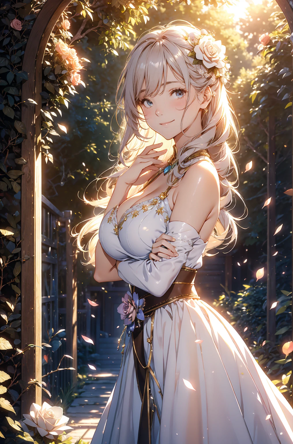 Tabletop, highest quality,figure, wallpaper, Super detailed, Absurd beauty、1 beautiful girl、 (Long Hair、Short braided hair、Blonde、Close your eyes and laugh、Ample breasts), Very detailed beautiful eyes , Hair blowing in the wind、Keep your head small、Flower Field、great outdoors、Flower Garden Scenery、Naughty woman