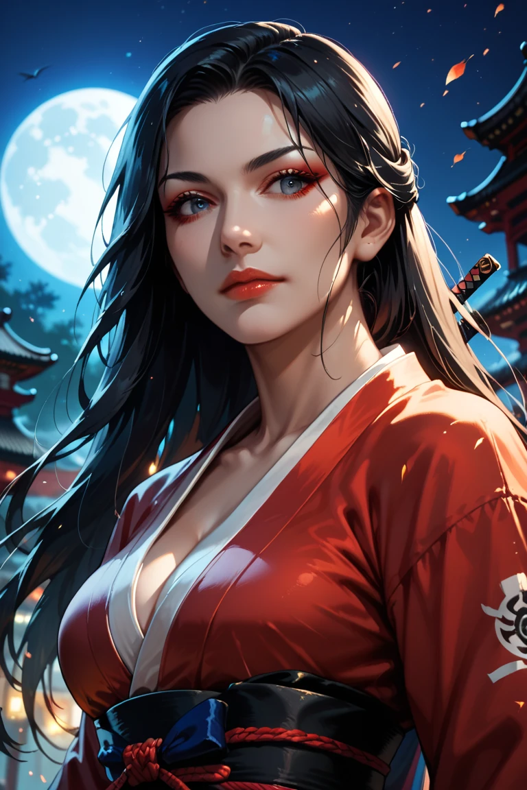 high quality fingers, normal hands, detailed fingers, masterpiece, (realistic, photo-realistic: 1.37), realistic, 1girl, long hair:1.5, black hair:1.2, red eyes:1.5, bright eyes, mortal kombat, ninja, weapons, kimono, dress,, large breasts, serene look, temple, meditation, ninja mask, cover half of face, demonic mask, reflection, moonlight, moon, cherry blossom, swords