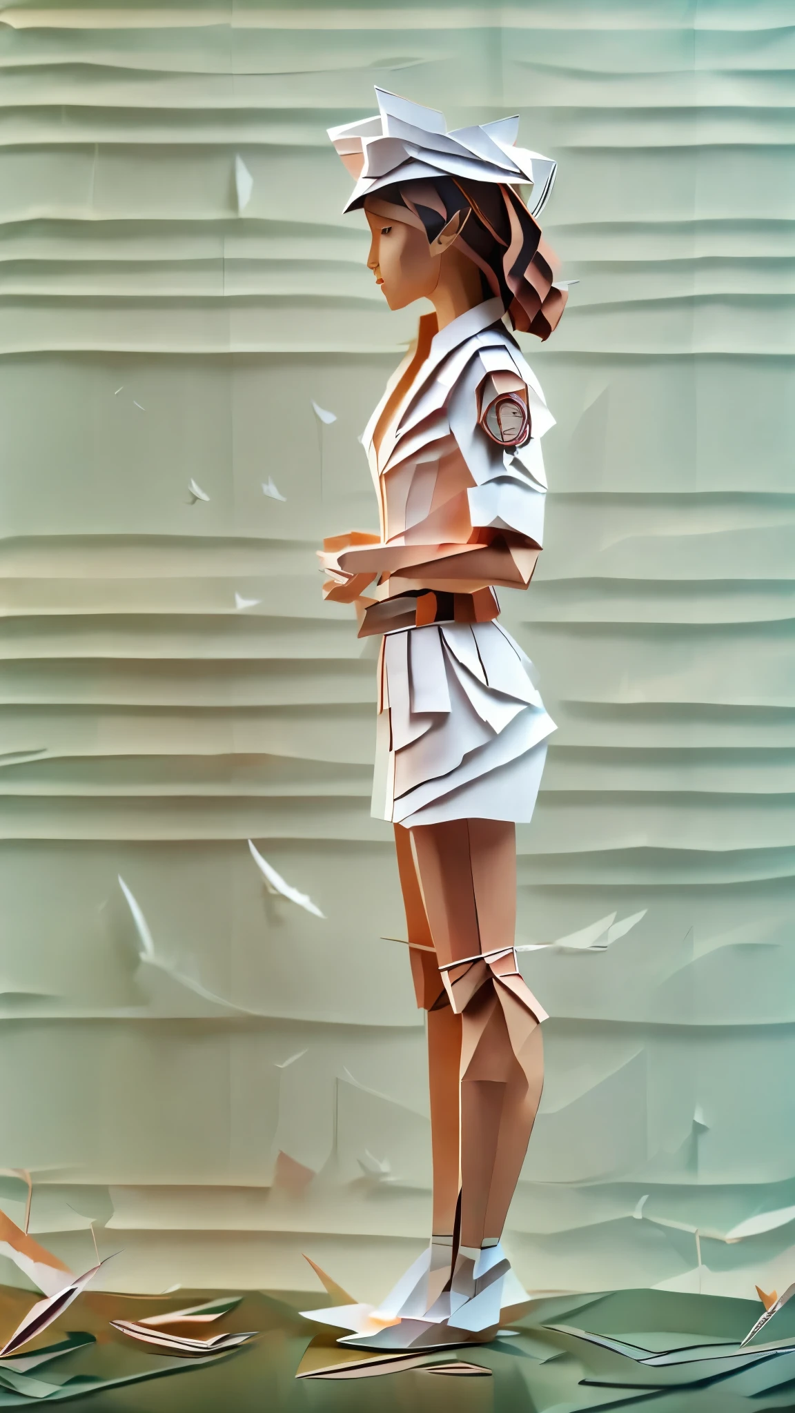 a woman from the side wearing a tradicional white aeronautical uniform with short shorts and a military cap. The background is a simple wall, she has curly brunet hair. folded paper texture, paper-made, paper, origami, folded, paper-craft