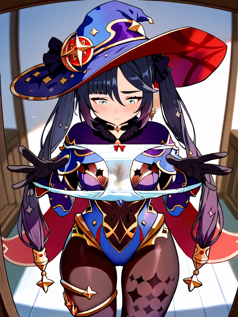 Mona (Genshin Impact), clothed, (fit situation), glamorous, leggy, chunky legs, curvy, (upper body), {{{holding out Stained panties}}}, vaginal discharge stain There are stains of vaginal discharge and urine, which look smelly, {give panties},present for viewer,{{{{{You hold your panties spread out in your hands}}}}}, {{showing your panties crotch for viewer}},{{{upturned eyes}}},facing down, {{{absurdres}}}