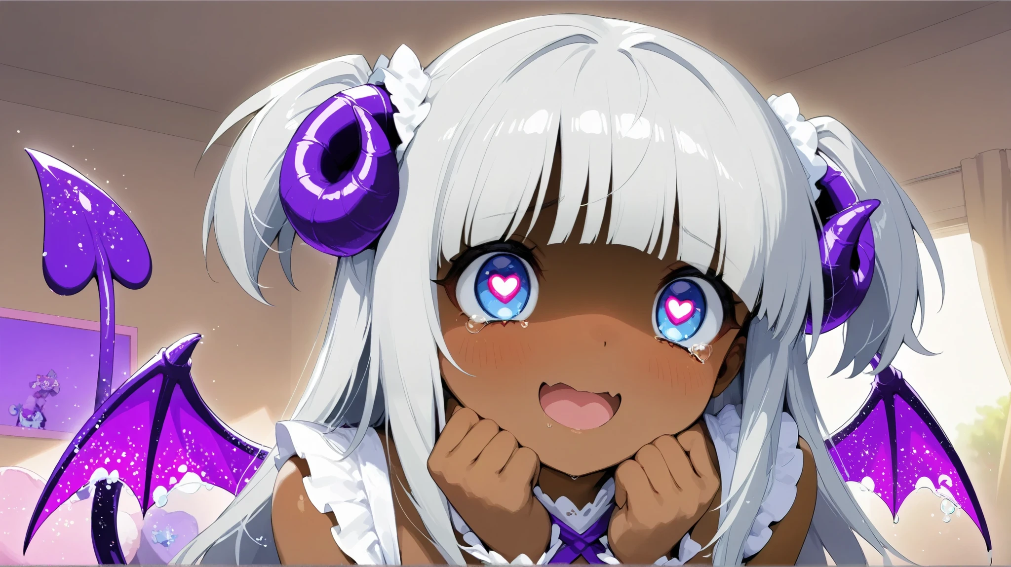 1 female、4K、White sheep have growing ears、heart eyes、High Resolution, masterpiece, accurate, 最high quality, high quality, oblique bangs, Unkempt gray hair , quick, two side up, Animal ears , heart in eyes, doya face, Heart Shaped Eyes, Teardrop, glitter effect, character design, Devil's Tail、purple devil wings、brown skin、cute room、menhera、 cute room