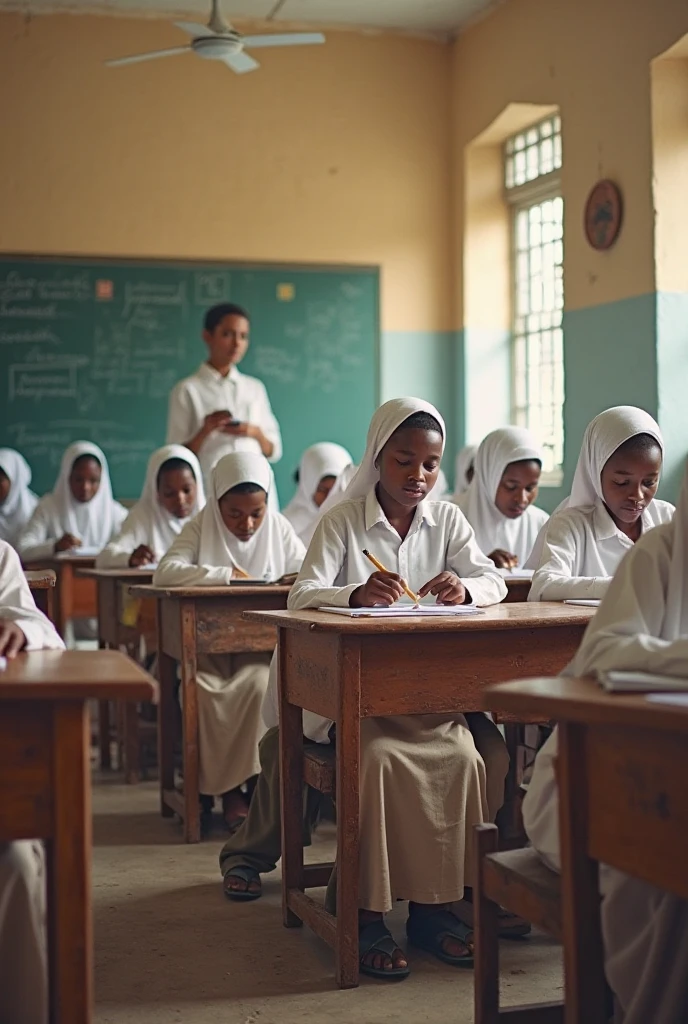 Create a realistic classroom scene in Katsina, Nigeria, showing a diverse group of students with natural dark skin tones. The students should include both girls in white hijabs with red headbands and boys in white shirts with red trousers. The classroom should have multiple computers with students actively using them, reflecting a collaborative and engaged learning environment. The overall feel should be warm and authentic, accurately representing the setting and avoiding any stylized or 3D effects.