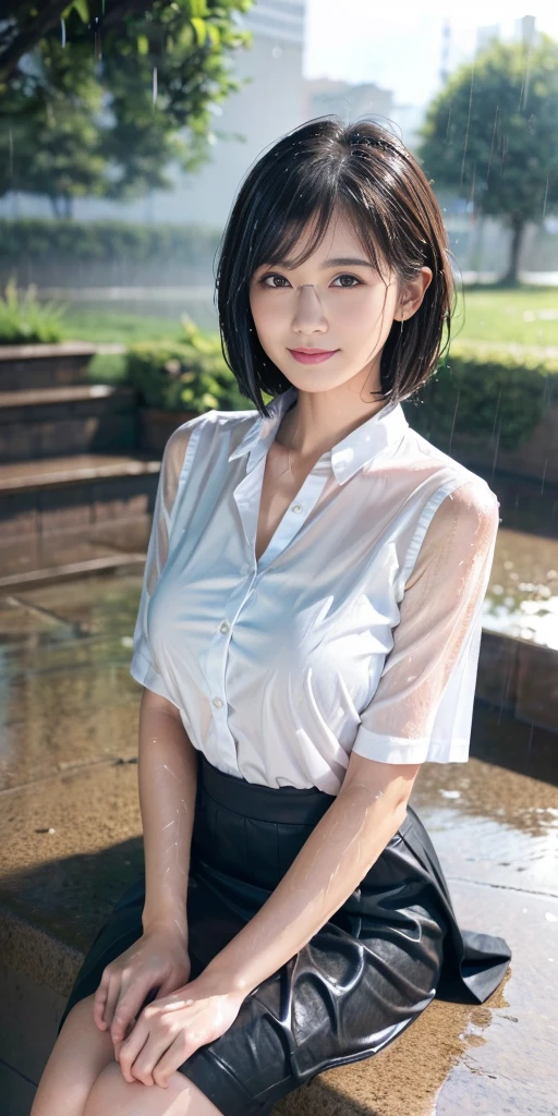 (8k, Photorealistic, Raw photo, Highest quality: 1.4),Japanese idol-style beautiful girl,1 person,(Short Bob),(Black),She has her hair tucked behind her ears,(Raindrops dripping from hair: 1.1),Clear grey eyes,Eyes moist,Long eyelashes,(piercings(small)),(Lip gloss),lips(Plump,glossy),Skin that is as white and smooth as translucent porcelain,Thin and delicate shoulders,thin abdomen,(Open-collar shirt(White,Short sleeve)),(bra(Pink)),(Pleated skirt(Plaid)),(socks(Dark Navy)),(loafers(Black)),summer,On the way home from school,(It is raining suddenly),(Taking shelter under the awning of a cafe),(Soaked from head to toe),(Shirt wet and clinging to skin, translucent),(Raindrops are dripping down her chest.),(Stand with your feet together),(She looks out at the rainy street),(A cafe window as a backdrop),(A view from across the street, from her perspective),(Medium-range shooting),(Snap a full body shot)