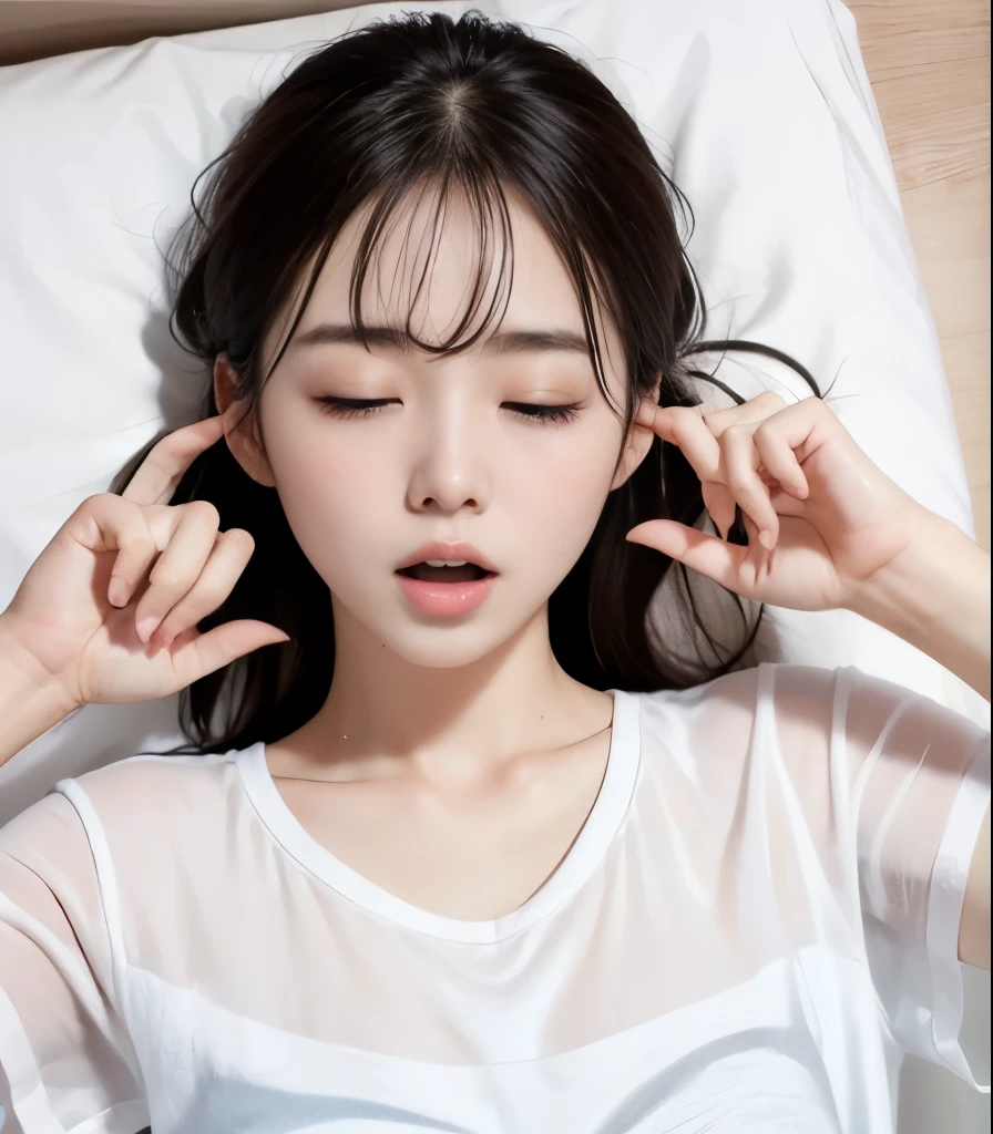 Young and Sensual Japanese Woman 、Looks like a K-POP idol、( place your eyes half open 、 Please open your mouth wide 、 climax expression )、On white sheets、 Please remove it from your head 、( Japanese Language School)、 navy blue bloomers 、 、Delicate white skin、length, Read more、( SWEATY BODY)、alone、( The depiction of the finger is beautiful and accurate )、(I can'Lower half , but、 I can see the open part of the leg.)