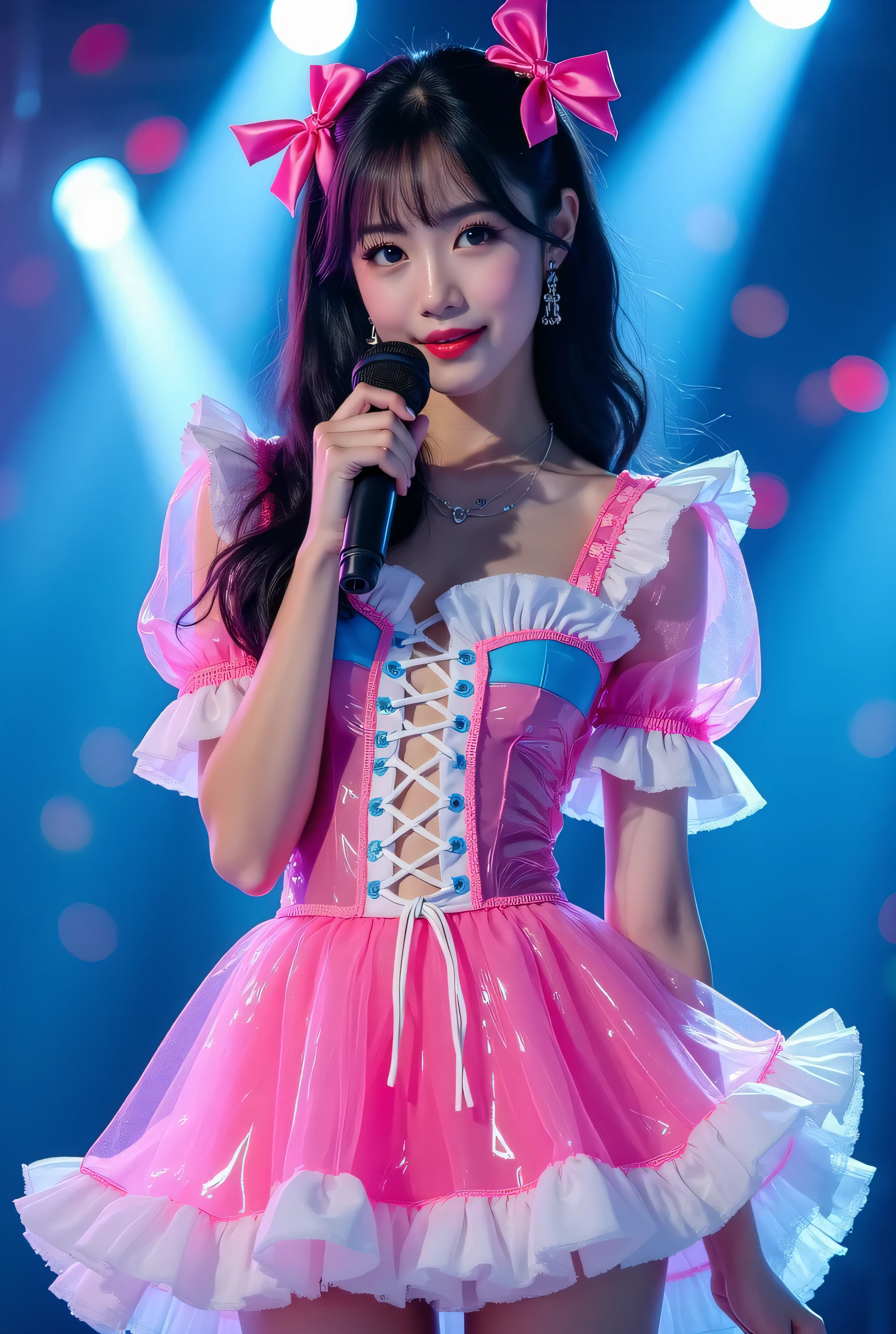 Create a highly detailed, realistic image of a young woman with long, dark hair styled with two small pink bows on either side. She is wearing a vibrant and transparent shinning glossy pink short dress that has a layered, frilly design with white ruffled edges on the sleeves and neckline. The dress has intricate lace-up details on the front, with white ribbons crisscrossing over the bodice. A large, white bow is tied around her waist, and the skirt is layered with multiple ruffles, alternating between white and pink frills. The upper part of the dress has a mix of white and blue accents, especially around the shoulders, giving it a lively, idol-like appearance. The girl’s expression is cheerful and playful, with a radiant smile, captured both in performance and posing with a slightly pensive look. Ensure that her outfit appears shiny and glossy, reflecting stage lights, and incorporate a vivid, performance-like atmosphere in the background. Some Lights shooting around, she hold microphone,  head thighs portrait,