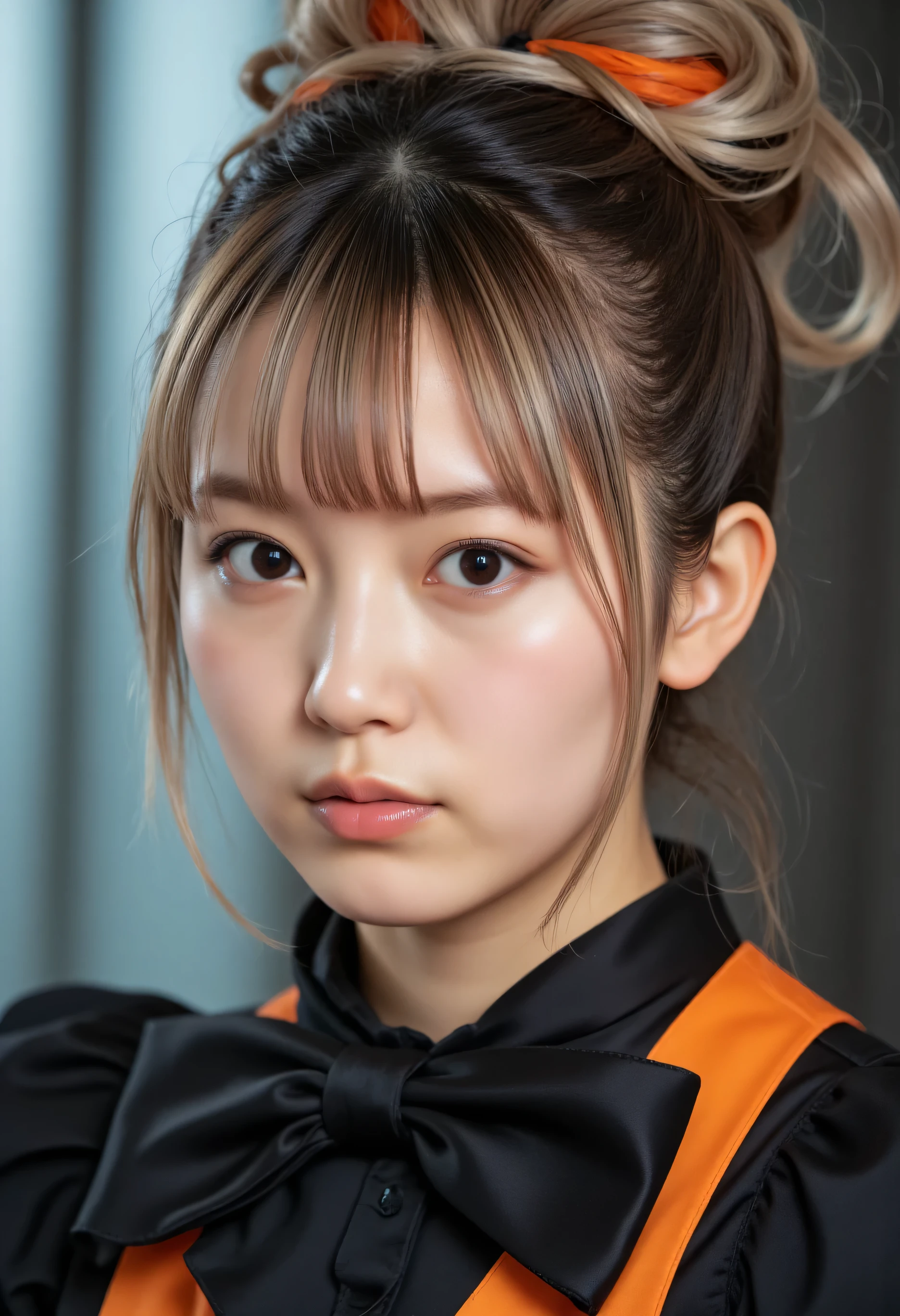 A highly detailed, photorealistic image of a stunning female model with extremely long hair in five vibrant colors (silver, orange, etc.). Her face is incredibly cute, with highly detailed features and piercing eyes. The model has a fresh, clean appearance with puffy skin texture. She's wearing a torn, tight, gigantic latex pleated dress in bright tones, shiny and metallic. The studio lighting accentuates her curves, and the focus is on her upper body. Her hair is styled in an up-do, and she's accessorized with a Candy Blue Shiny Metal Satin bow tie and bold satin shirt. The camera captures her from a unique angle, showcasing the fusion of traditional attire and Gothic fashion elements.