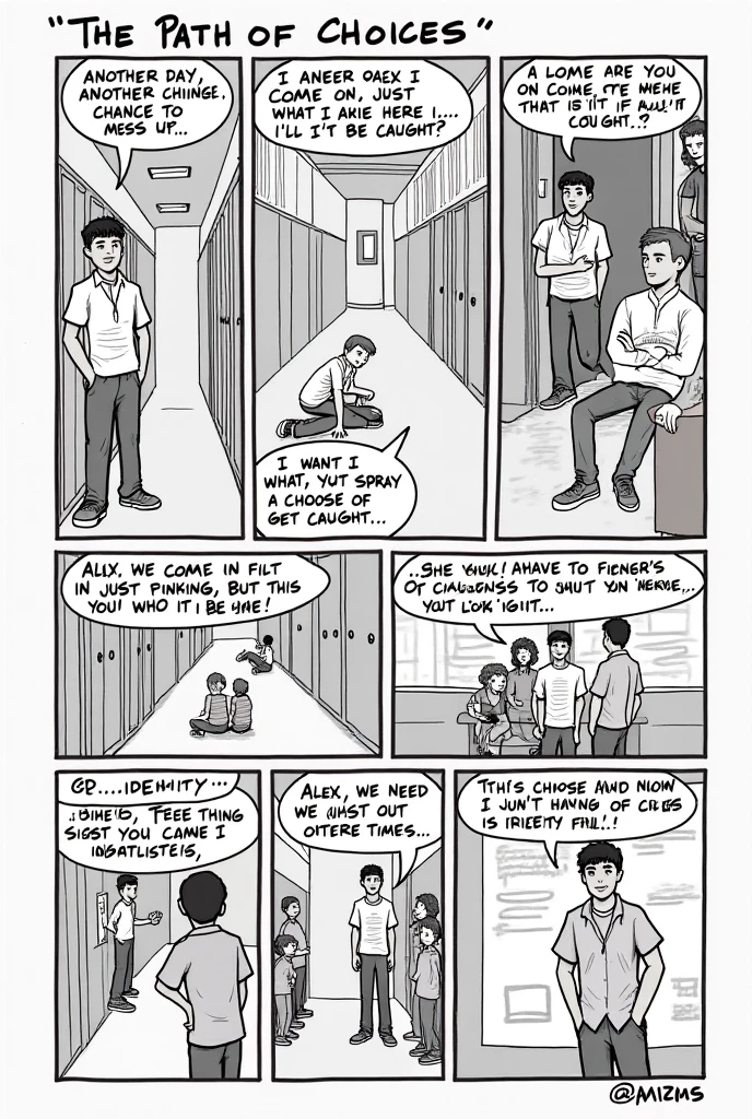 Comic Strip Title: "The Path of Choices"**

**Panel 1: Introduction to the Character**
*Scene: A school hallway. The main character, Alex, a 15-year-old boy with a troubled expression, leans against a locker. His clothes are slightly disheveled, and he has a skateboard in hand.*

**Dialogue:**
Alex: "Another day, another chance to mess up…"

*Explanation: Alex is characterized as a "Rebellious Delinquent." He exhibits signs of discontent and a desire to break free from authority, which is common in this type of juvenile delinquency.*

---

**Panel 2: The Influence of Friends**
*Scene: Alex is surrounded by a group of friends who are laughing and joking, but they are also vandalizing school property.*

**Dialogue:**
Friend 1: "Come on, Alex! Just spray a little here! It’ll be fun!"
Alex: "I don’t know… What if we get caught?"

*Explanation: This panel highlights the "Peer Influence" pattern of juvenile delinquency. Alex feels pressured to conform to his friends' behavior, which is a common cause of delinquent actions among adolescents.*

---

**Panel 3: The Internal Conflict**
*Scene: Alex is sitting alone on a bench, looking conflicted. He watches his friends from a distance, who are now causing more trouble.*

**Dialogue:**
Alex (thinking): "I want to fit in, but this isn’t who I am…"

*Explanation: This panel showcases Alex's internal struggle, emphasizing the "Identity Crisis" characterization. He is torn between wanting acceptance and his moral compass, which is a common theme in juvenile delinquency.*

---

**Panel 4: The Consequence**
*Scene: A school administrator catches Alex and his friends in the act of vandalism. They look shocked and scared.*

**Dialogue:**
Administrator: "What do you think you’re doing? This is unacceptable!"
Alex: "We were just having fun…"

*Explanation: This panel illustrates the "Consequences of Actions" pattern. Alex faces immediate repercussions for his choices, which can lead to further delinquent behavior if not addressed properly.*

---

**Panel 5: The Turning Point**
*Scene: Alex is at home, talking to his older sister, who is supportive and understanding.*

**Dialogue:**
Sister: "You don’t have to follow them, Alex. You can choose a different path."
Alex: "I know… I just need to figure out who I really am."

*Explanation: This final panel represents a "Support System" as a possible cause for change. Having a supportive figure can help redirect Alex's path away from delinquency, emphasizing the importance of positive influences in a young person's life.*

---

**Summary of Elements:**
- **Type of Delinquency:** Rebellious Delinquent
- **Characterization:** Identity Crisis
- **Pattern:** Peer Influence
- **Possible Cause:** Support System

This comic strip illustrates the complexities of juvenile delinquency through Alex's experiences, highlighting the interplay between peer pressure, personal identity, and the potential for positive change.