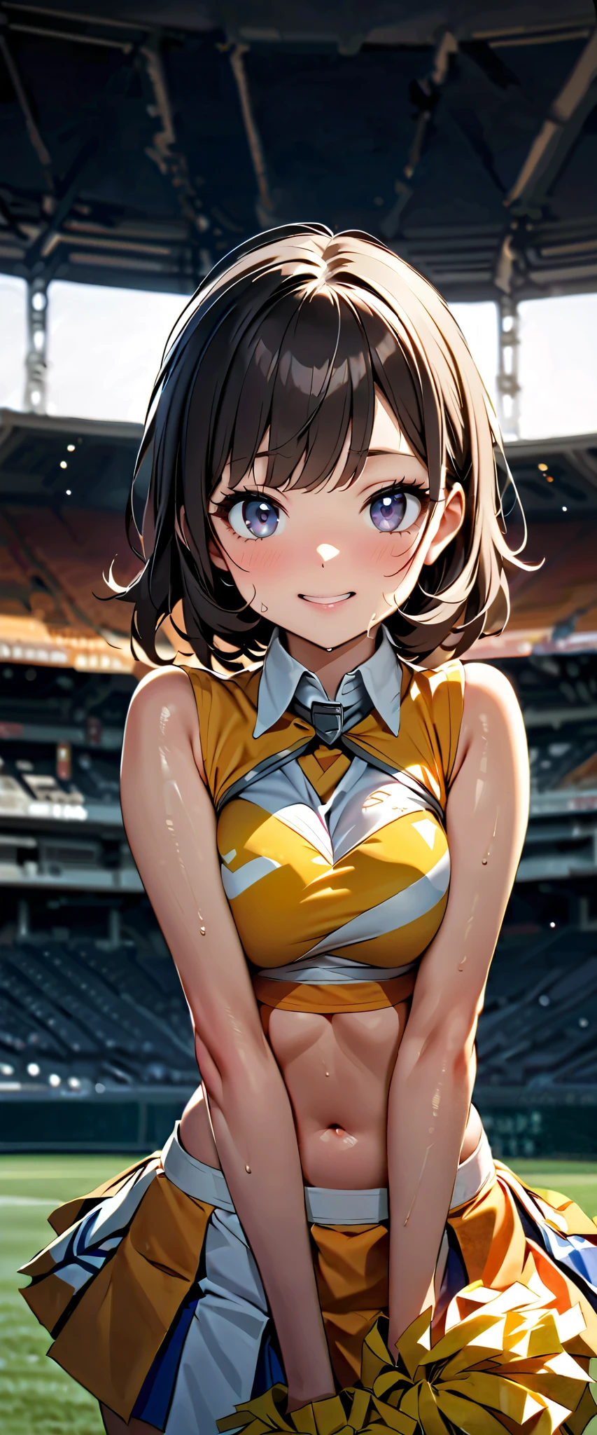 ( masterpiece,highest quality,Ultra A High Resolution),one Japanese woman, (((Very Pretty Girl))), cute girl with no left leg、Staring at the photographer、 (()), very cute face, glossy lips, , natural smile 、 Natural Cosmetics, long eyelashes, Shiny Smooth Hair 、, perfect limb, Completely-Wide,((( shining cheer uniform ,cheerleader,cheerleader,tube top))))Stadium,Saten Ruiko,Sweaty,(((tube top)))Gloss Lip, with a cheerful smile