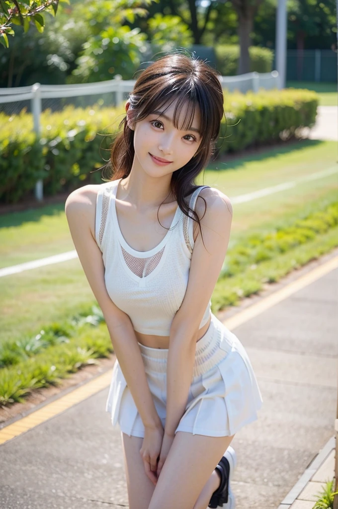 (Highly detailed CG Unity 8K wallpapers), (​masterpiece), (top-quality), (ultra-detailliert), (Best Shadows), (Photorealsitic:1.6), Real Human Skin, Lens Flare, Back lighting, bloom, depth of fields, natural soft light, Hard Focus, Film grain, Watch your audience, Cute AKB:1.2, a park、cosmos、(Triangular sitting)、 Cropped tank top、skiny, Thin skin, Soft lips、thighs thighs thighs thighs、white  panties、shiny brown eyes、Black straight hair、tiny chest、Beautiful detailed sky、beatiful detailed eyes、Happiness、A smile