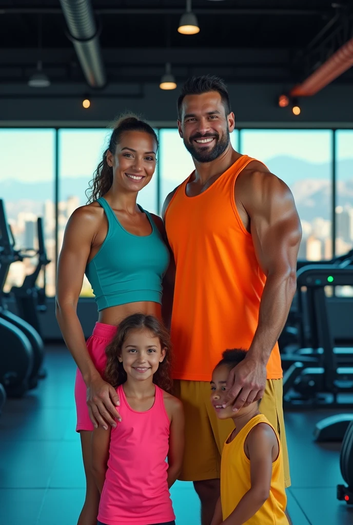 Crie uma imagem que represente a Academia Aerobic Sport Center em Presidente Prudente. The image should show a happy family engaged in a bodybuilding training session. Certifique-se de incluir pais e filhos de diferentes idades, todos sorrindo e motivando uns aos outros. Highlight the idea that exercise is an activity that can be enjoyed as a family and convey the positive energy of the gym."