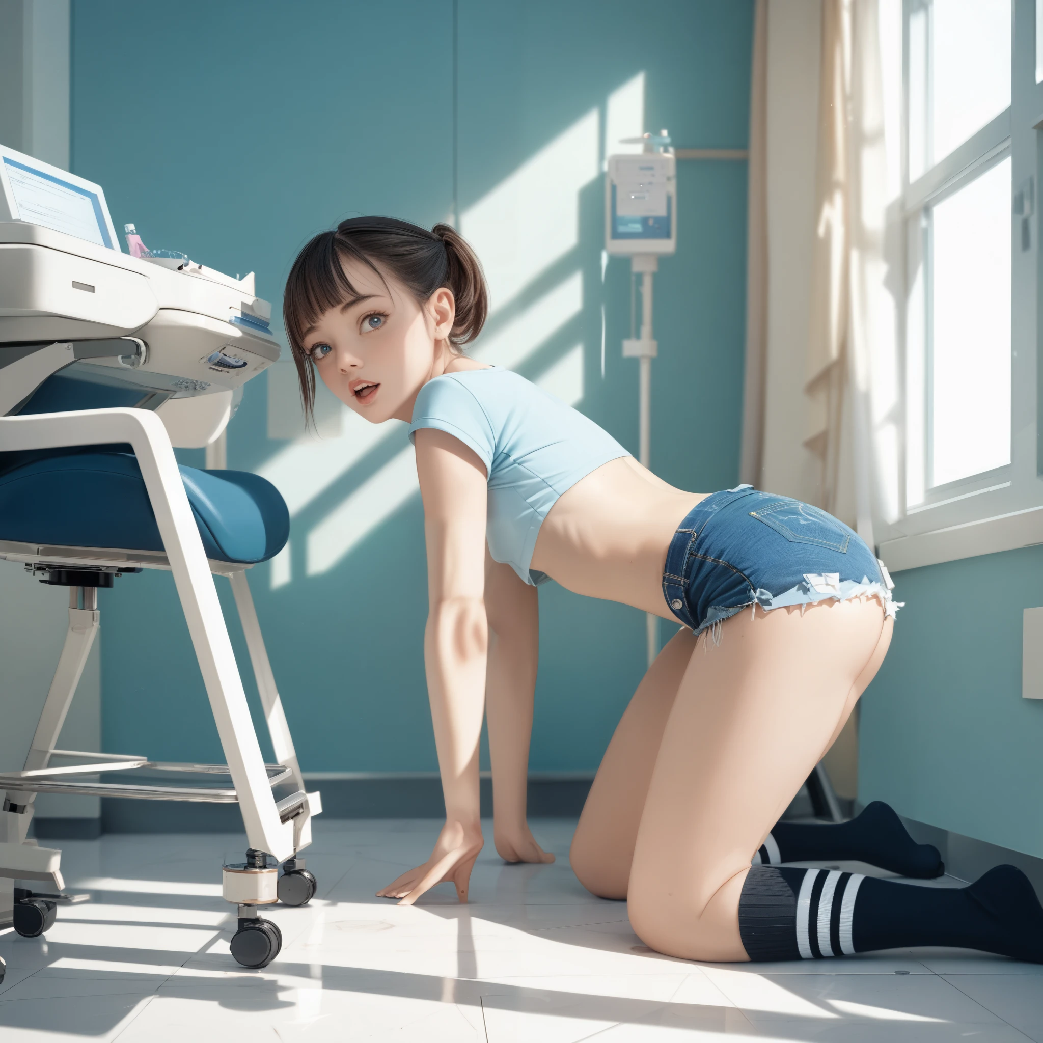 score_9, score_8_up, score_7_up, score_6_up, rating_safe, (masterpiece, best quality), 1 girl, small breasts,  small hips, crop top, roomy denim shorts , (gynecology examination roon,gynecology examination chair),  stripe pattern thigh high socks, transformation,  naked ass, on all fours,