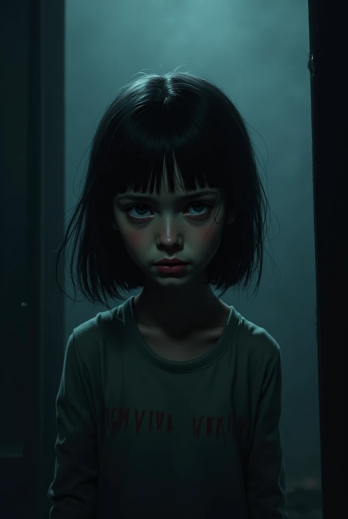 Night room, dark room, completely darkened room, tv on, sepia, grainy, eerie environment. creepypasta is a scary entity in the form of a woman with very big eyes, a very sad sad look, perfect eyes, the best quality. gritty urban street art, dark character. in the style of pino daeni, charlie bowett, albert joseph penaud, ray caesar, tetsuya ishida. zdzislaw beksinski.