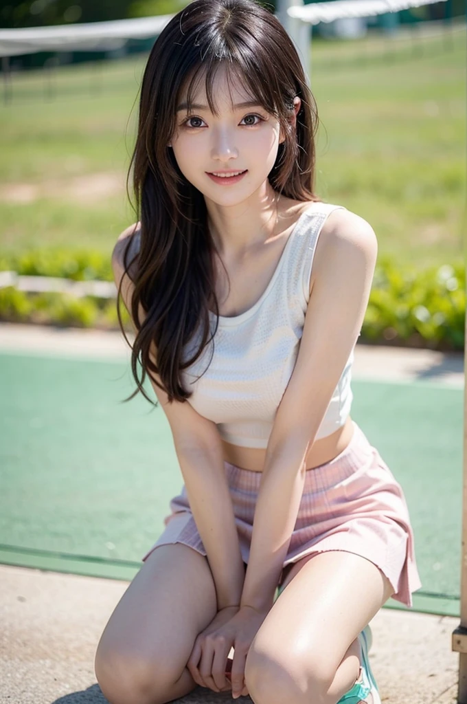 1girl, egirl, korean, wavy hair, white top, pink sarong skirt, up to knees, outdoor, cute pose, glossy lips, full body, realistic, wonyounglorashy