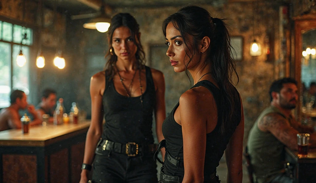 Jessica Alba covering Gal Gadot mouth with her hand to keep her quiet. Gal Gadot is bound and gagged and helpless.