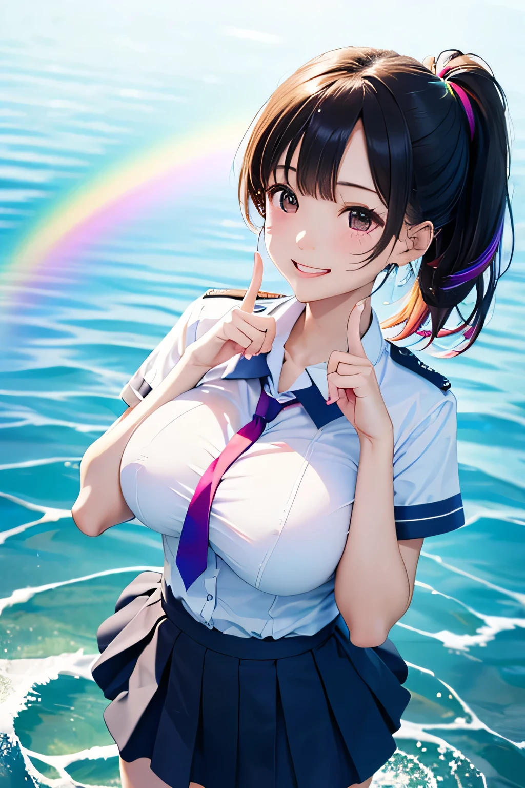 highest quality、High Resolution、(high image quality:1.4)、masterpiece、detailed background、very detailed face、(detailed eyes:1.3)、age beauty、( huge breasts:1.3)、(Normal number of fingers:1.3)、anatomically correct、perfect body line、Bright-colored hair、ponytail、 braided bob cut 、
(A happy girl who finds a rainbow:1.5)、
After school when it has just stopped raining、There are puddles of water on the ground、lift the hem of my uniform skirt and gently stretch my legs and peck at the surface of the water、Suddenly when I look up at the sky, it has a thin rainbow and points happily、There are still a few drops of water falling from the tips of my hair and my cheeks are slightly red、cute