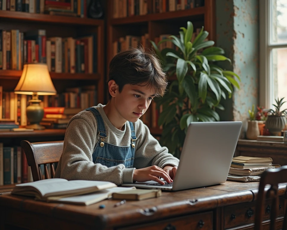 create an image of a boy in his room studying, and creating digital marketing campaigns on your computer, the image must convey antiquity, and in the room the old books"