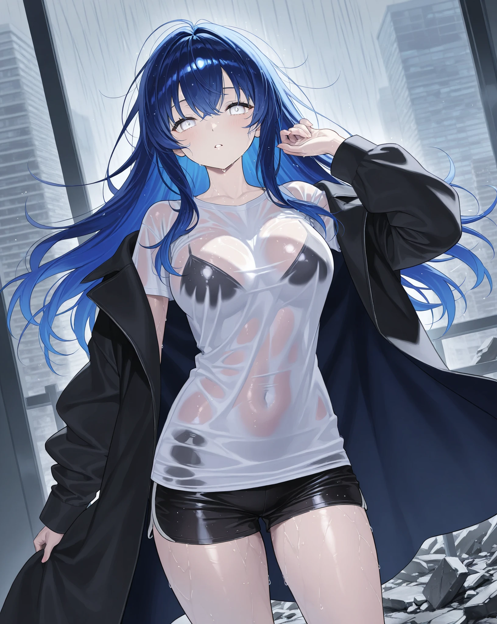(Highest Resolution, clear_image) Highest quality, a female's masterpiece, Very detailed, Semi-realistic,(Full nudity), (Highest quality, masterpiece, Ultra-realistic),Blue Hair, Wolf Cut, Torn black bangs, Open jacket, Eye Shadow, Long Hair, Wolf Cutの髪, green and blue stripes in hair, Eyes down, Mad, cowboy view,intimidating pose、(The whole body from head to foot)、Powerful atmosphere、Sharp eyes、Glare、Cool Beauty、pressure、Comb your Heinalboss、Adult female、Staying calm、Great people、Hair ruffles、、hole々Walking with、