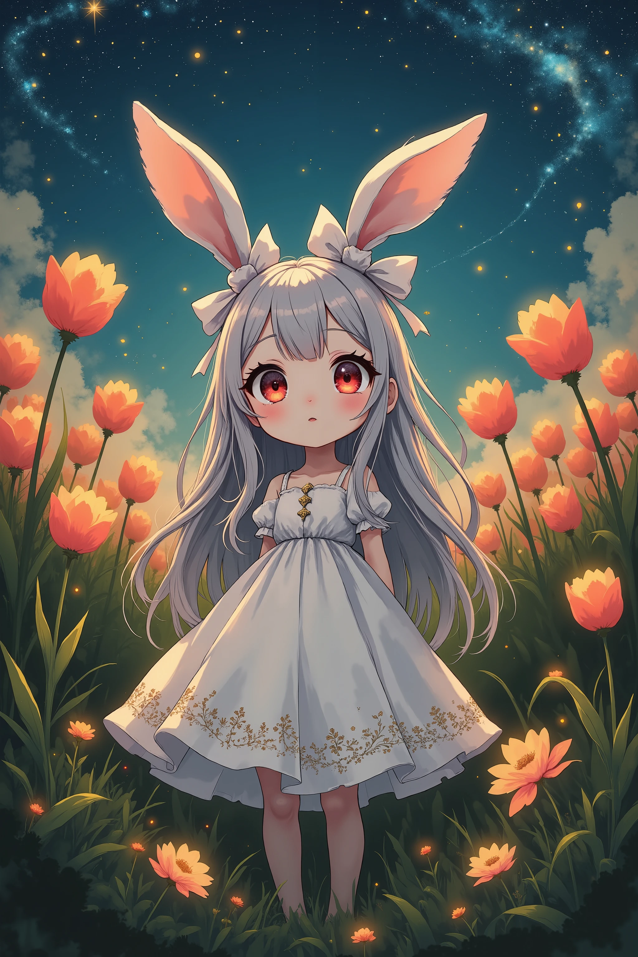 ( masterpiece, top quality:1.2), little cute rabbit girl , girl\((big slime),happy expression,(Big ribbons on the ears, cute ribbon、gold ribbon ),Rabbit tail , rabbit ears, very fluffy ears 、White Ear、 very long hair,Gray Hair,Warm deep red eyes , sparkling eyes, I closed my mouth, White Gothic Dress with Gold Accents), She is in a colorful tulip field ,Milky Way 、 quiet and gentle scene 、night、 a movie scene 、 Beautiful Sights 、Minimalism,gentle handwritten illustration