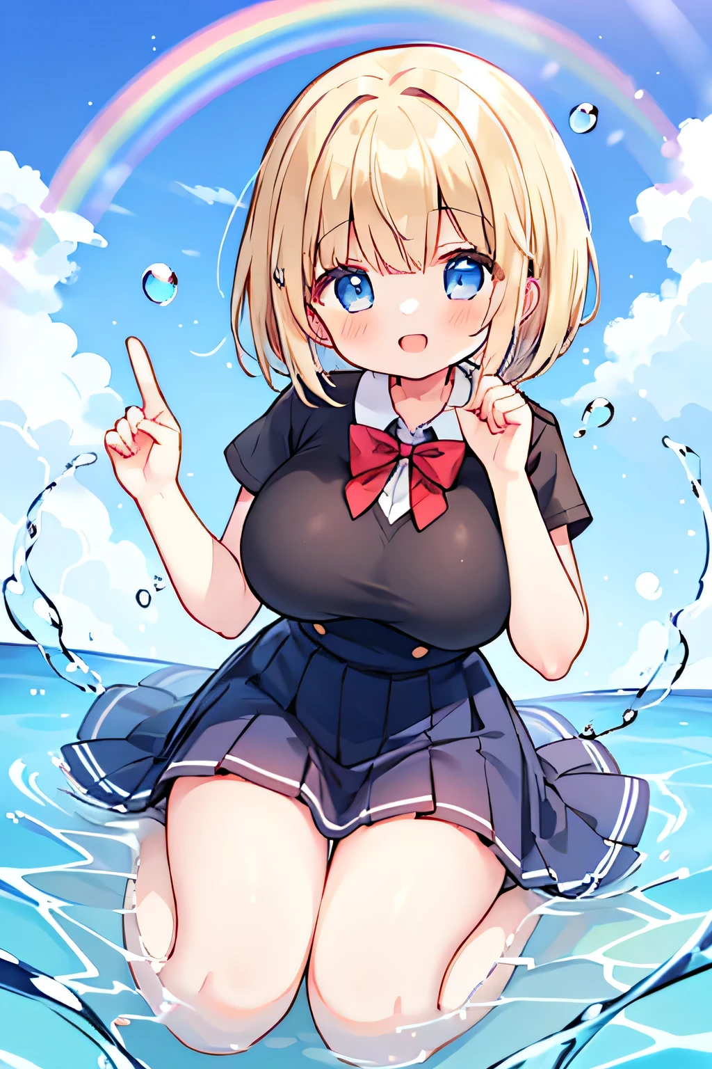 highest quality、High Resolution、(high image quality:1.4)、masterpiece、detailed background、(very detailed face:1.2)、(detailed eyes:1.3)、age beauty、( huge breasts:1.3)、(Normal number of fingers:1.3)、anatomically correct、perfect body line、Bright-colored hair、 braided bob cut 、
(A happy girl who finds a rainbow:1.5)、
After school when it has just stopped raining、There are puddles of water on the ground、Gently stretch my legs while slightly lifting the hem of my uniform skirt and pat the surface of the water、Suddenly when I look up at the sky, it has a thin rainbow and points happily、There are still a few drops of water falling from the tips of my hair and my cheeks are slightly red、cute