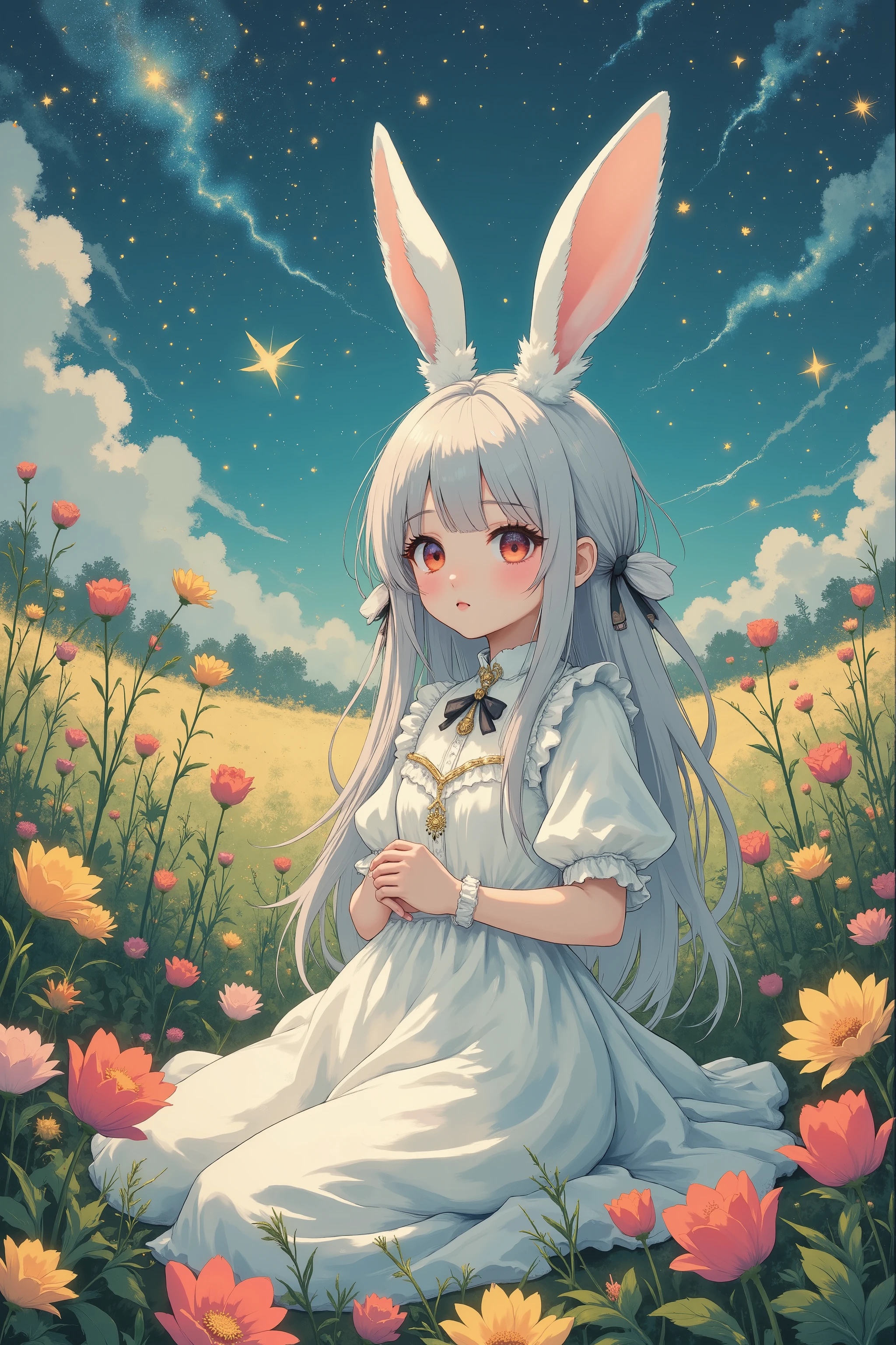 ( masterpiece, top quality:1.2), little cute rabbit girl , girl\((Big ribbons on the ears, cute ribbon、gold ribbon ),Rabbit tail , rabbit ears, very fluffy ears 、White Ear、 very long hair,Gray Hair,Warm deep red eyes ,  sparkling eyes, I closed my mouth, White Gothic Dress with Gold Accents), She is in a colorful tulip field ,Milky Way  、 quiet and gentle scene 、night、 a movie scene 、 Beautiful Sights 、Minimalism,gentle handwritten illustration 