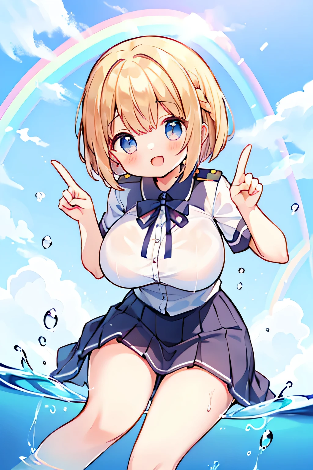 highest quality、High Resolution、(high image quality:1.4)、masterpiece、detailed background、(very detailed face:1.2)、(detailed eyes:1.3)、age beauty、( huge breasts:1.3)、(Normal number of fingers:1.3)、anatomically correct、perfect body line、Bright-colored hair、 braided bob cut 、
(A happy girl who finds a rainbow:1.5)、
After school when it has just stopped raining、There are puddles of water on the ground、Gently stretch my legs while slightly lifting the hem of my uniform skirt and pat the surface of the water、Suddenly when I look up at the sky, it has a thin rainbow and points happily、There are still a few drops of water falling from the tips of my hair and my cheeks are slightly red、cute