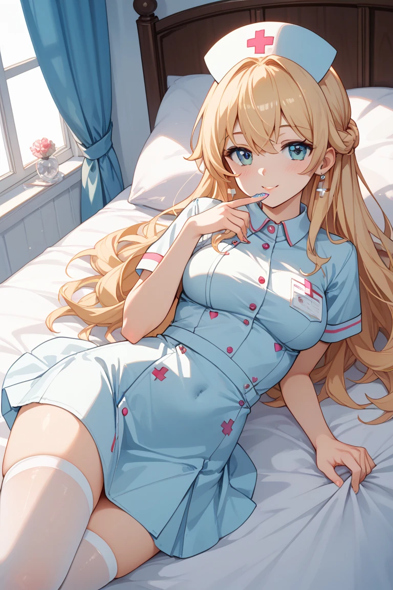 ((Masterpiece, best quality, high quality, very detailed CG uniform 8k wallpaper, very detailed, very detailed background)), detailed eyes, shiny hair, shiny skin, bright skin, (SFW), (1girl, 18 years old, blonde hair, blue eyes, big breast, sexy body, wearing pajamas), (expression of anger, hatred, cynical, cold gaze), (indoor, bedroom, sunlight through the window.)