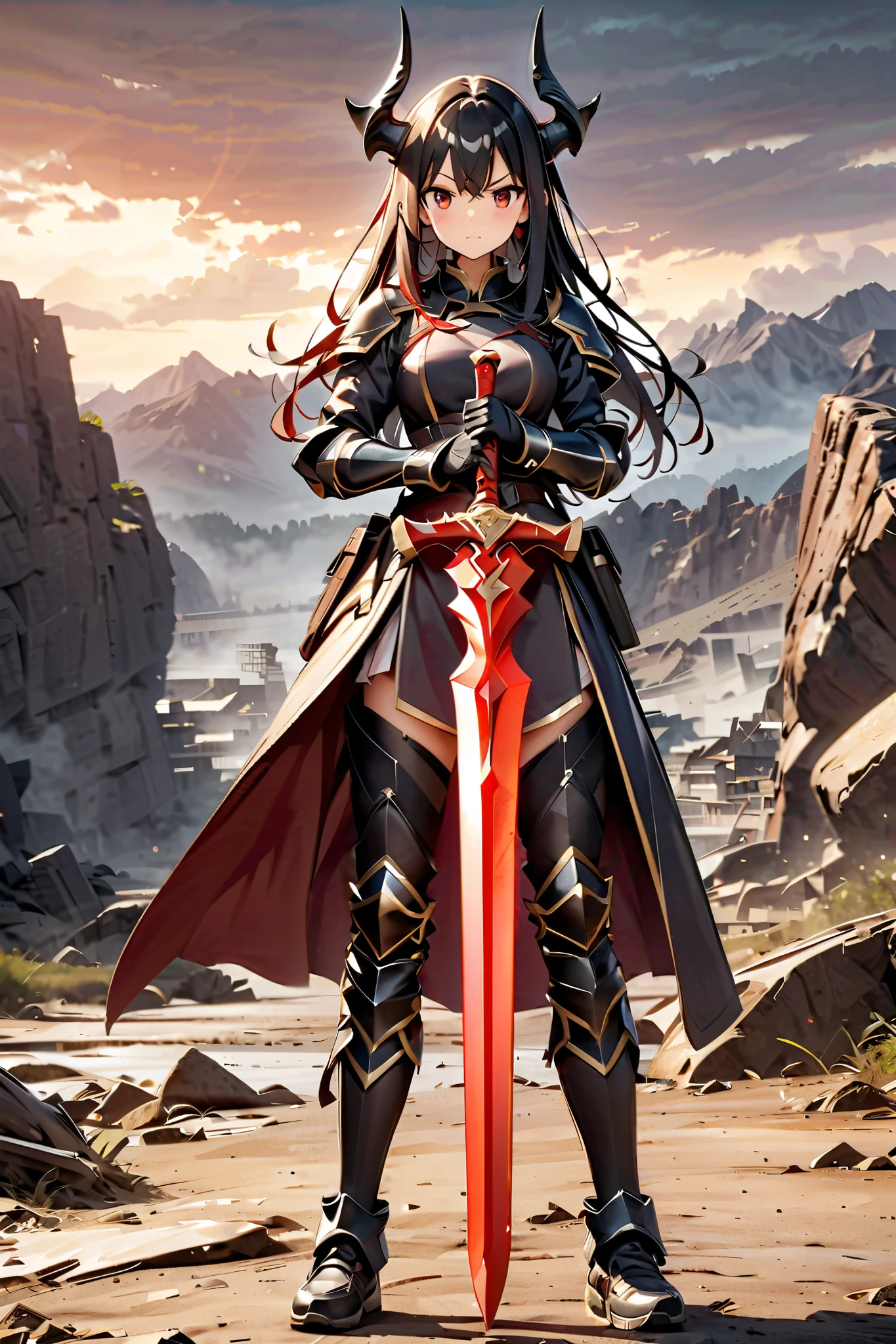 Lucy Liu in feminine samurai battle armor, brightly colored demon themed, dark energy swirls around her, wielding an intricate black bladed sword, she is moving through a cherry orchard, cherry petals falling around her like snow, hateful look on her face, show her from head to toe, show her entire body